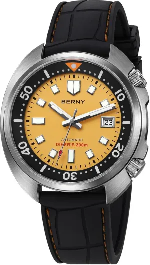 Analog Mechanical Wristwatch with Super Luminous convincingly nevus lamp AR Coating Sapphire Crystal, Date Calender Fluororubber Band Fashion Birthday Present BERNY Automatic Watch for Men 200M Waterproof Dive Watch Men's 