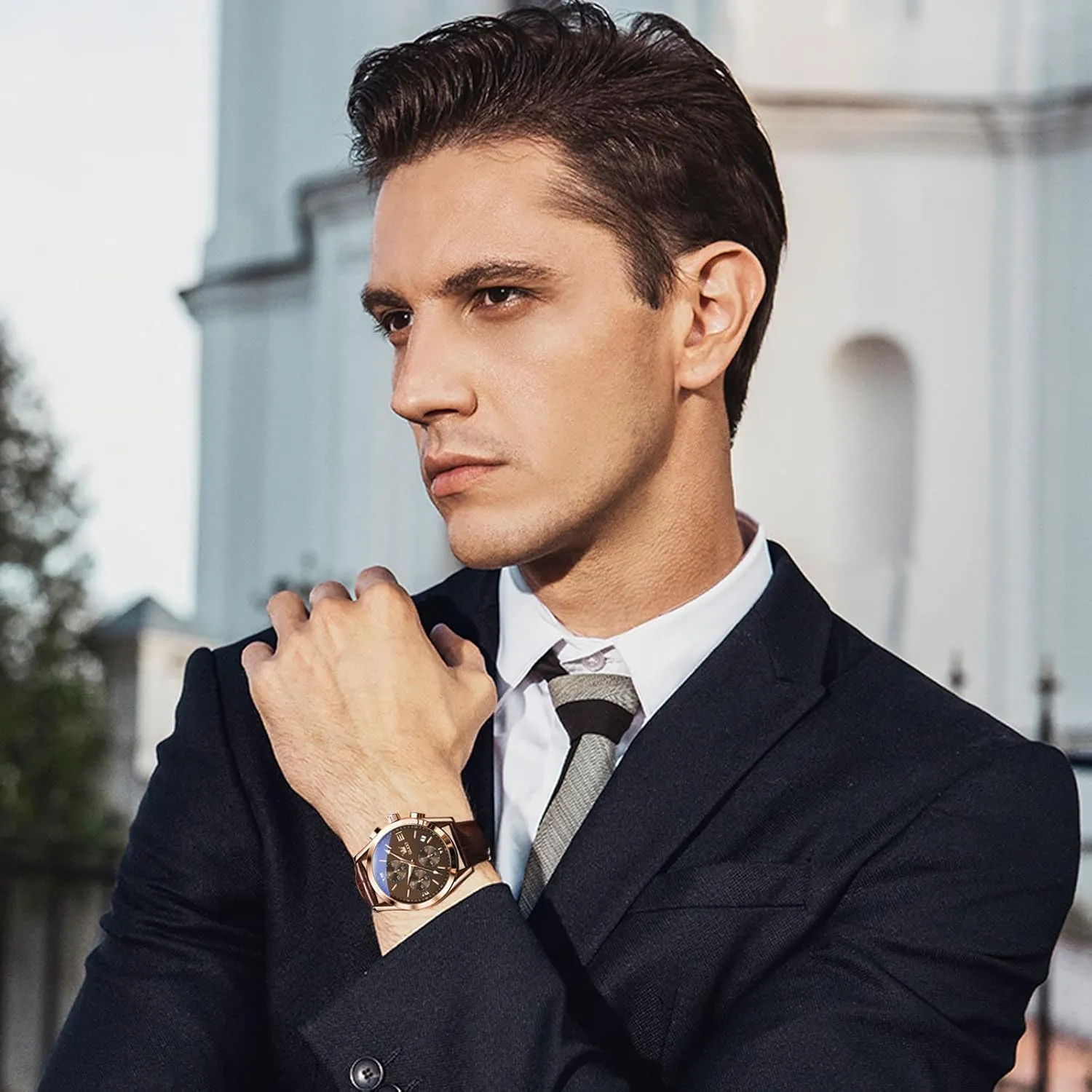 Analog Quartz Dress Wrist Watch with screen precious internationally combustible symbol wanderer Blue/Black/Brown/White Dial OLEVS Leather Chronograph Watch Men - Leather Strap (Brown/Black), Work Luminous Waterproof 