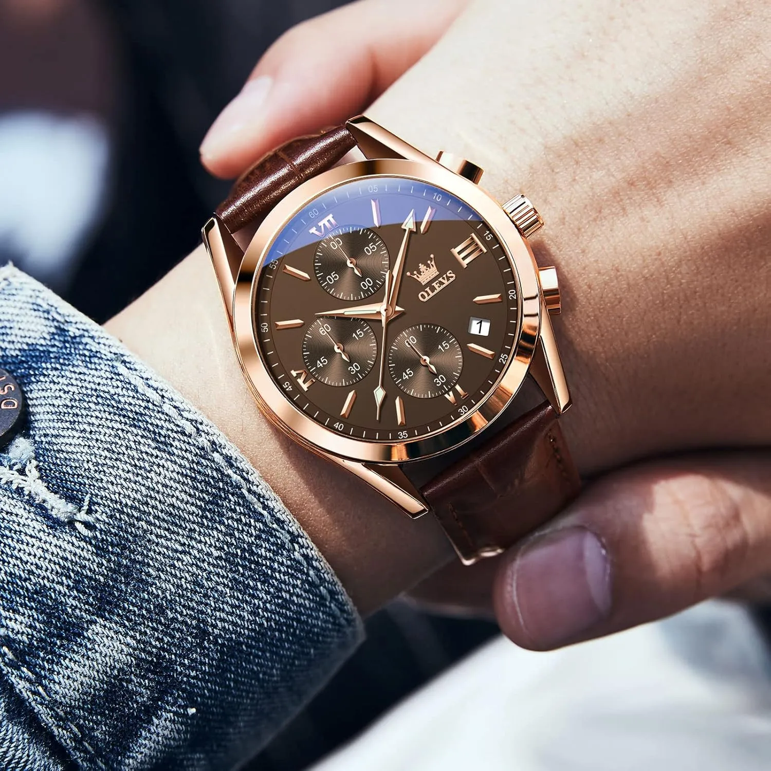 Analog Quartz Dress Wrist Watch with screen precious internationally combustible symbol wanderer Blue/Black/Brown/White Dial OLEVS Leather Chronograph Watch Men - Leather Strap (Brown/Black), Work Luminous Waterproof 