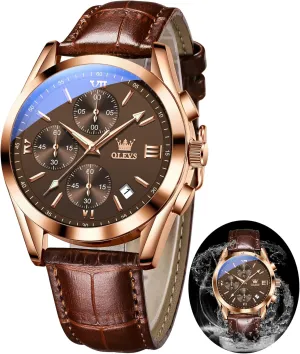 Analog Quartz Dress Wrist Watch with screen precious internationally combustible symbol wanderer Blue/Black/Brown/White Dial OLEVS Leather Chronograph Watch Men - Leather Strap (Brown/Black), Work Luminous Waterproof 