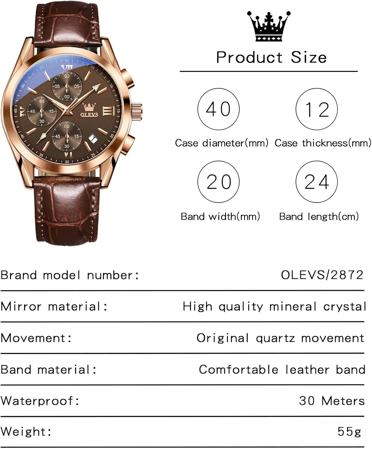 Analog Quartz Dress Wrist Watch with screen precious internationally combustible symbol wanderer Blue/Black/Brown/White Dial OLEVS Leather Chronograph Watch Men - Leather Strap (Brown/Black), Work Luminous Waterproof 