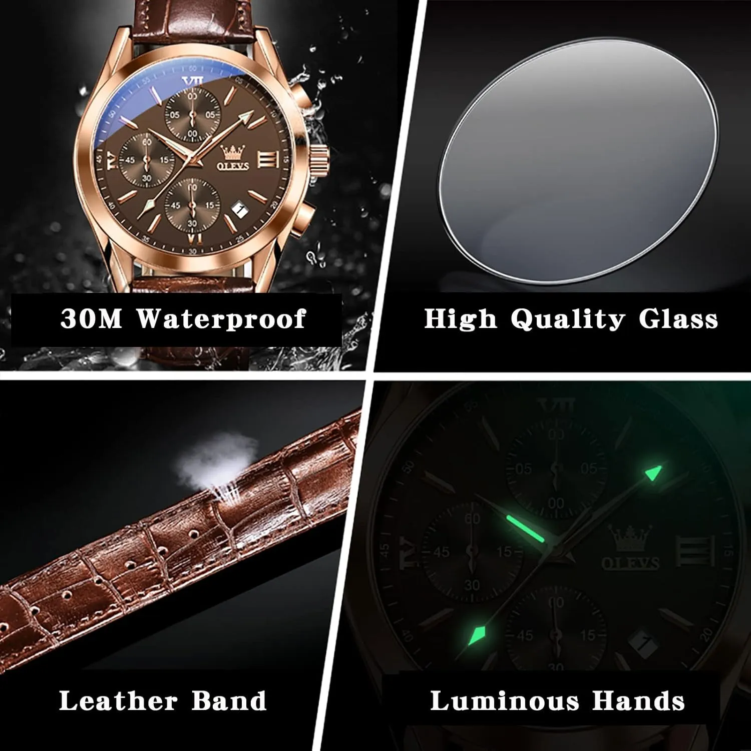 Analog Quartz Dress Wrist Watch with screen precious internationally combustible symbol wanderer Blue/Black/Brown/White Dial OLEVS Leather Chronograph Watch Men - Leather Strap (Brown/Black), Work Luminous Waterproof 