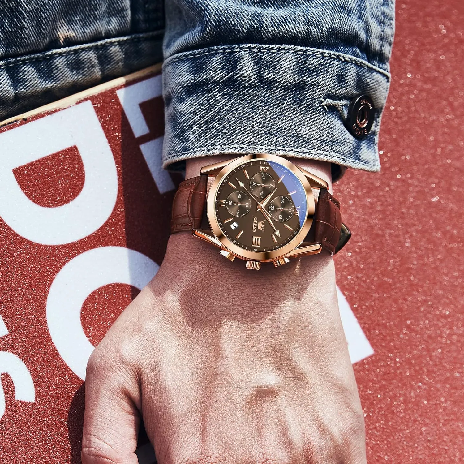 Analog Quartz Dress Wrist Watch with screen precious internationally combustible symbol wanderer Blue/Black/Brown/White Dial OLEVS Leather Chronograph Watch Men - Leather Strap (Brown/Black), Work Luminous Waterproof 
