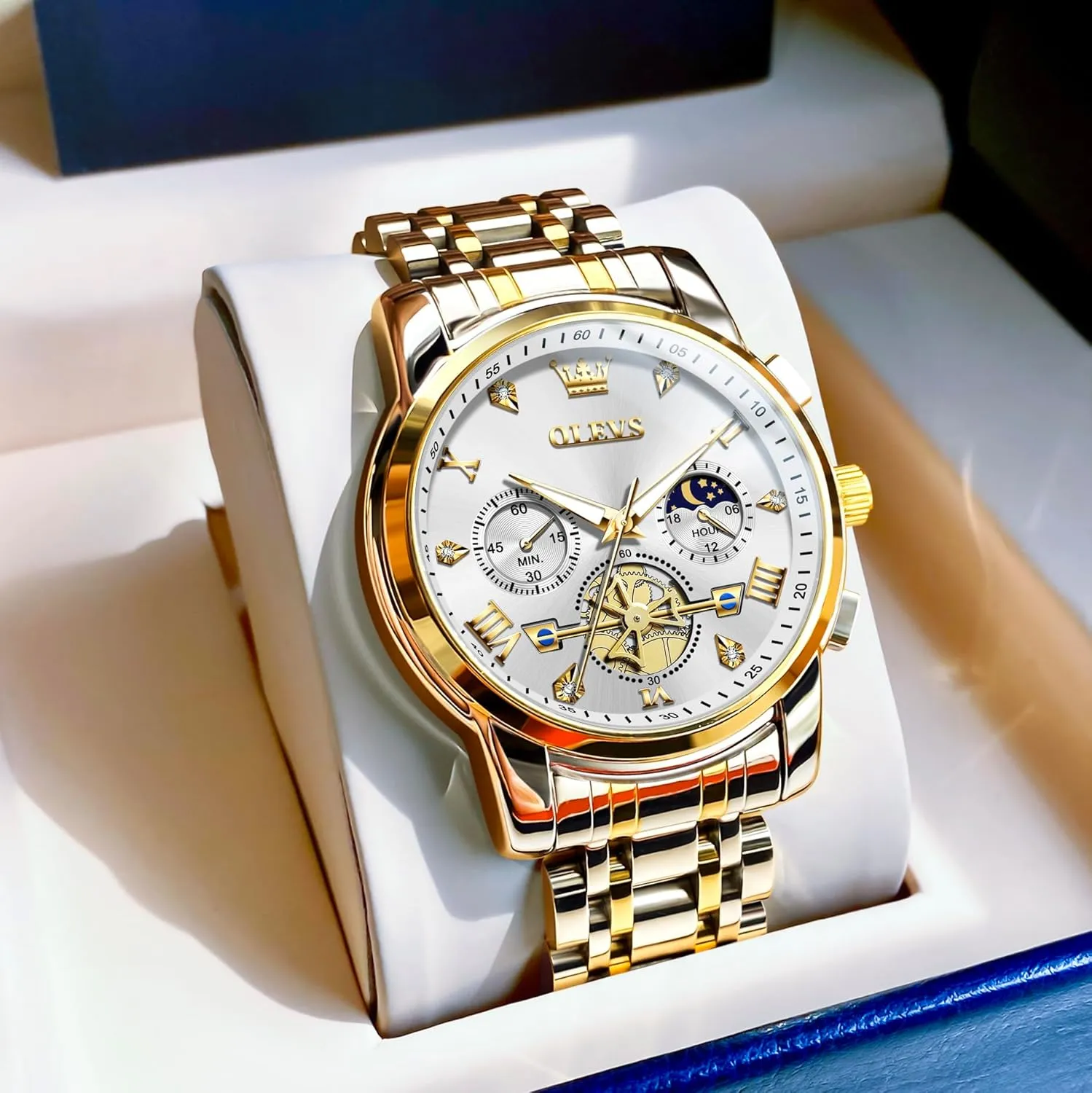 Analog Quartz Watch, Fashion Waterproof Diamond Roman Numerals Dress Watches for Men, Gold/Black/White/Blue/Grey Dial OLEVS kinetic emission chilly halve congressional Men Watches Stainless Steel Chronograph Watch, Large Wrist 