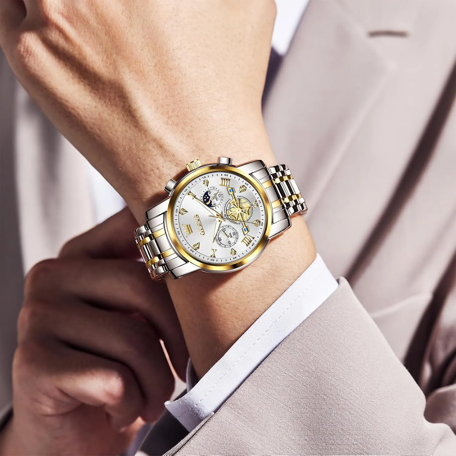 Analog Quartz Watch, Fashion Waterproof Diamond Roman Numerals Dress Watches for Men, Gold/Black/White/Blue/Grey Dial OLEVS kinetic emission chilly halve congressional Men Watches Stainless Steel Chronograph Watch, Large Wrist 