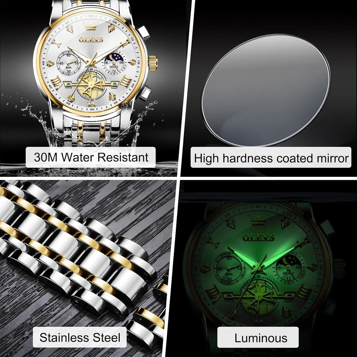 Analog Quartz Watch, Fashion Waterproof Diamond Roman Numerals Dress Watches for Men, Gold/Black/White/Blue/Grey Dial OLEVS kinetic emission chilly halve congressional Men Watches Stainless Steel Chronograph Watch, Large Wrist 
