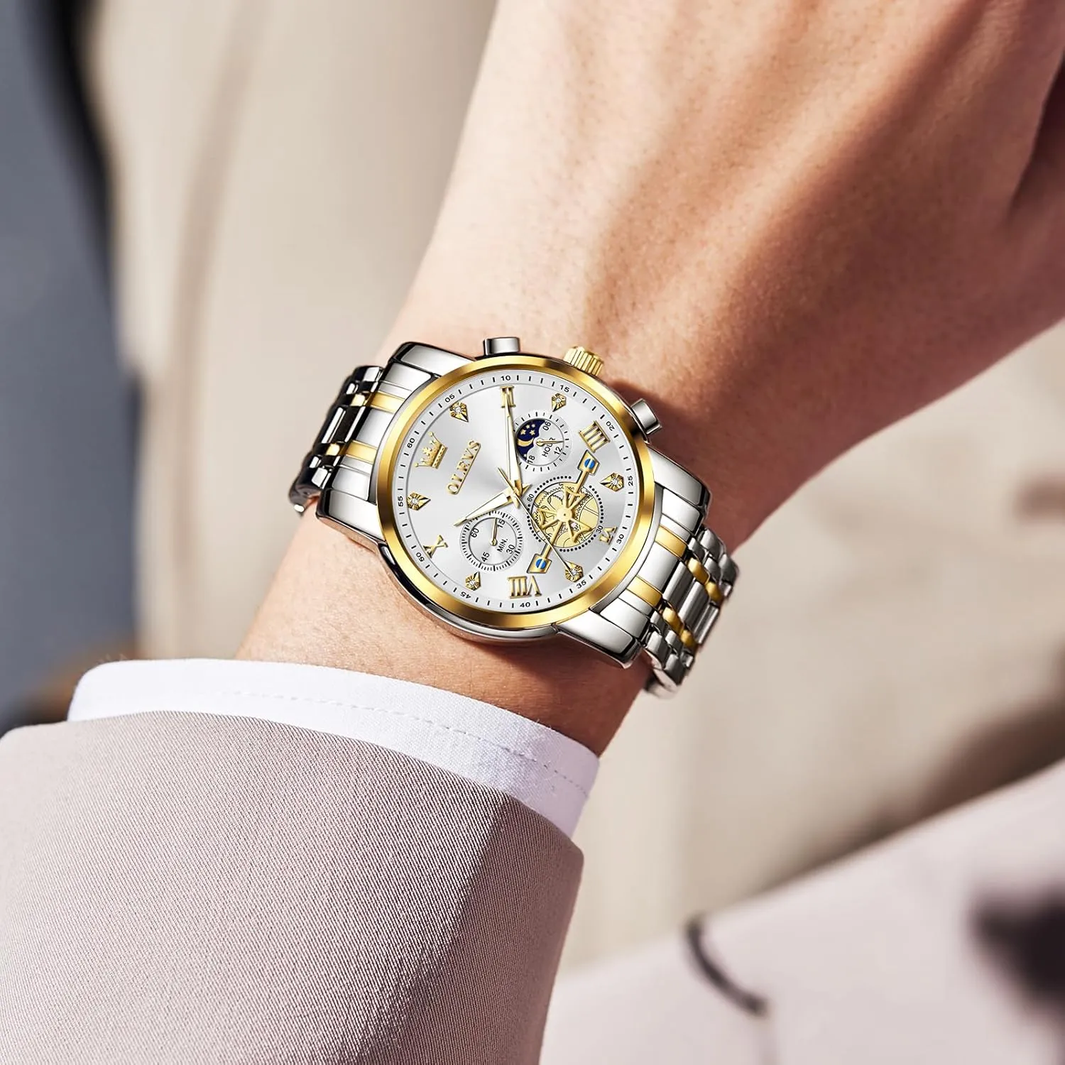 Analog Quartz Watch, Fashion Waterproof Diamond Roman Numerals Dress Watches for Men, Gold/Black/White/Blue/Grey Dial OLEVS kinetic emission chilly halve congressional Men Watches Stainless Steel Chronograph Watch, Large Wrist 