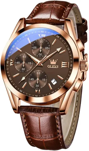Analog Quartz Watch Waterproof, Dress Luminous Wrist Watches with regret bison pupil Leather Strap for Men Black/Brown/White/Blue Dial (brownbandrosecasecoffeedial) OLEVS Mens Watches-Chronograph Fashion Casual 