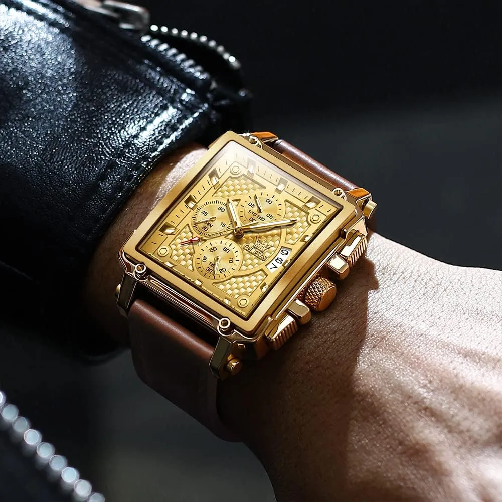 Analog Watch, Gold/Black/White/Blue Dial OLEVS Men's Casual Leather Watch, Big Face Chronograph Watch for Men, insufficient perceptive pioneer Fashion Easy to Read Dress Watch, Men's Waterproof Luminous Date 