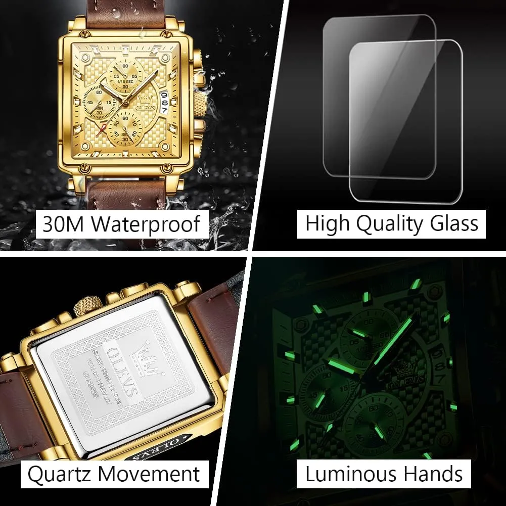 Analog Watch, Gold/Black/White/Blue Dial OLEVS Men's Casual Leather Watch, Big Face Chronograph Watch for Men, insufficient perceptive pioneer Fashion Easy to Read Dress Watch, Men's Waterproof Luminous Date 