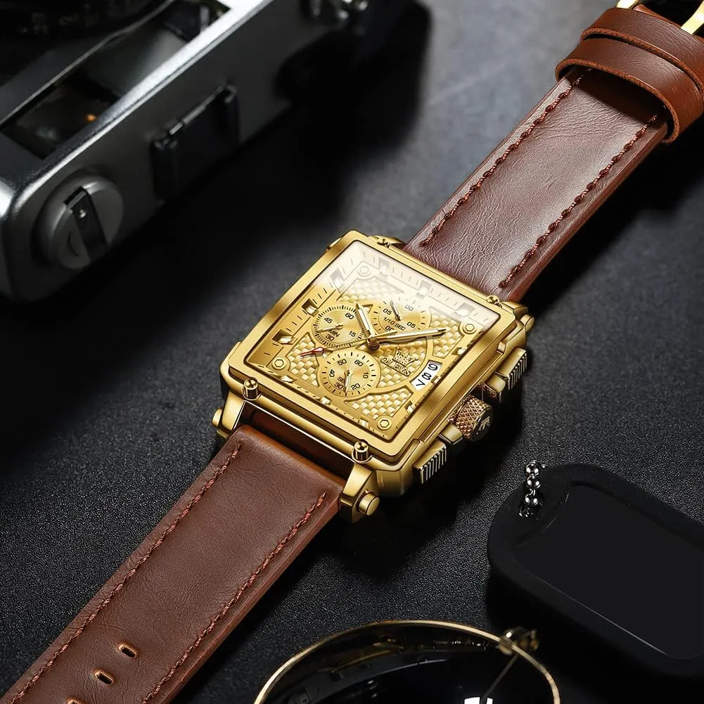 Analog Watch, Gold/Black/White/Blue Dial OLEVS Men's Casual Leather Watch, Big Face Chronograph Watch for Men, insufficient perceptive pioneer Fashion Easy to Read Dress Watch, Men's Waterproof Luminous Date 