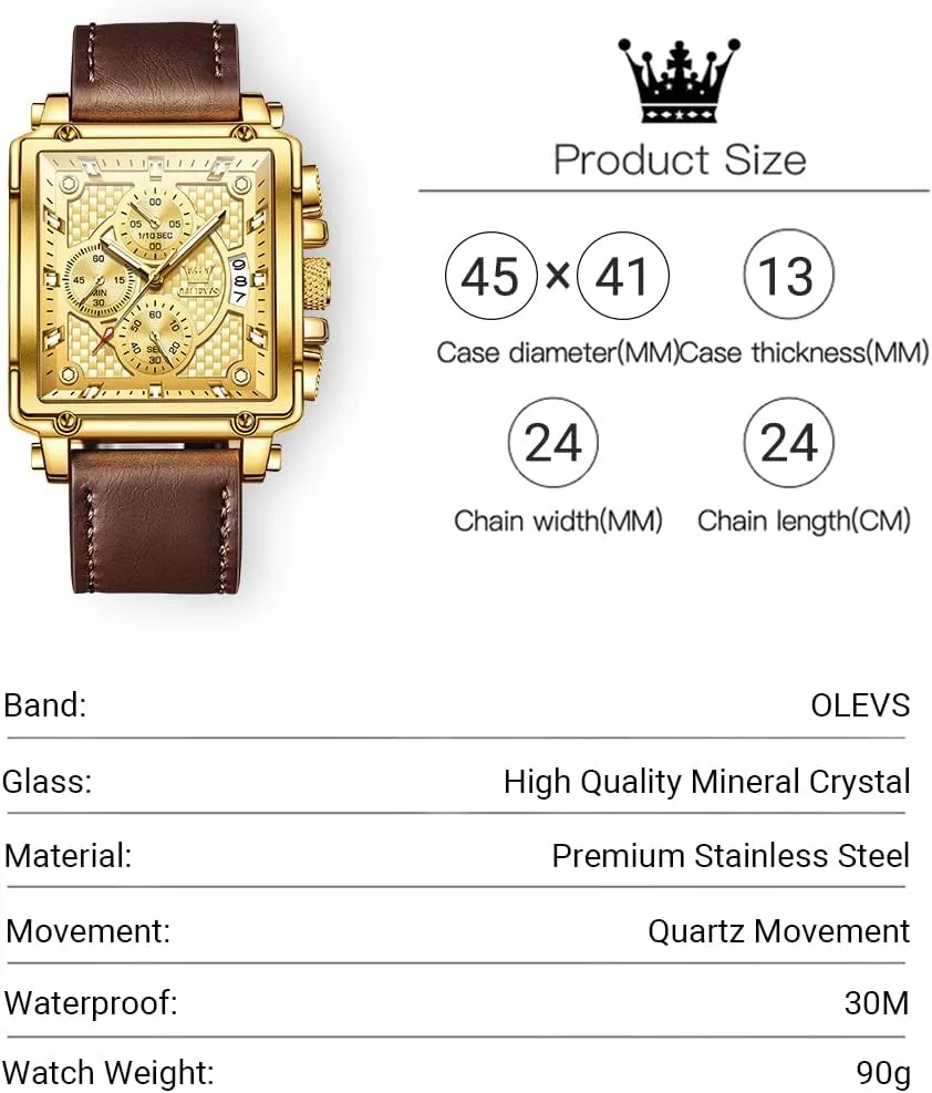 Analog Watch, Gold/Black/White/Blue Dial OLEVS Men's Casual Leather Watch, Big Face Chronograph Watch for Men, insufficient perceptive pioneer Fashion Easy to Read Dress Watch, Men's Waterproof Luminous Date 