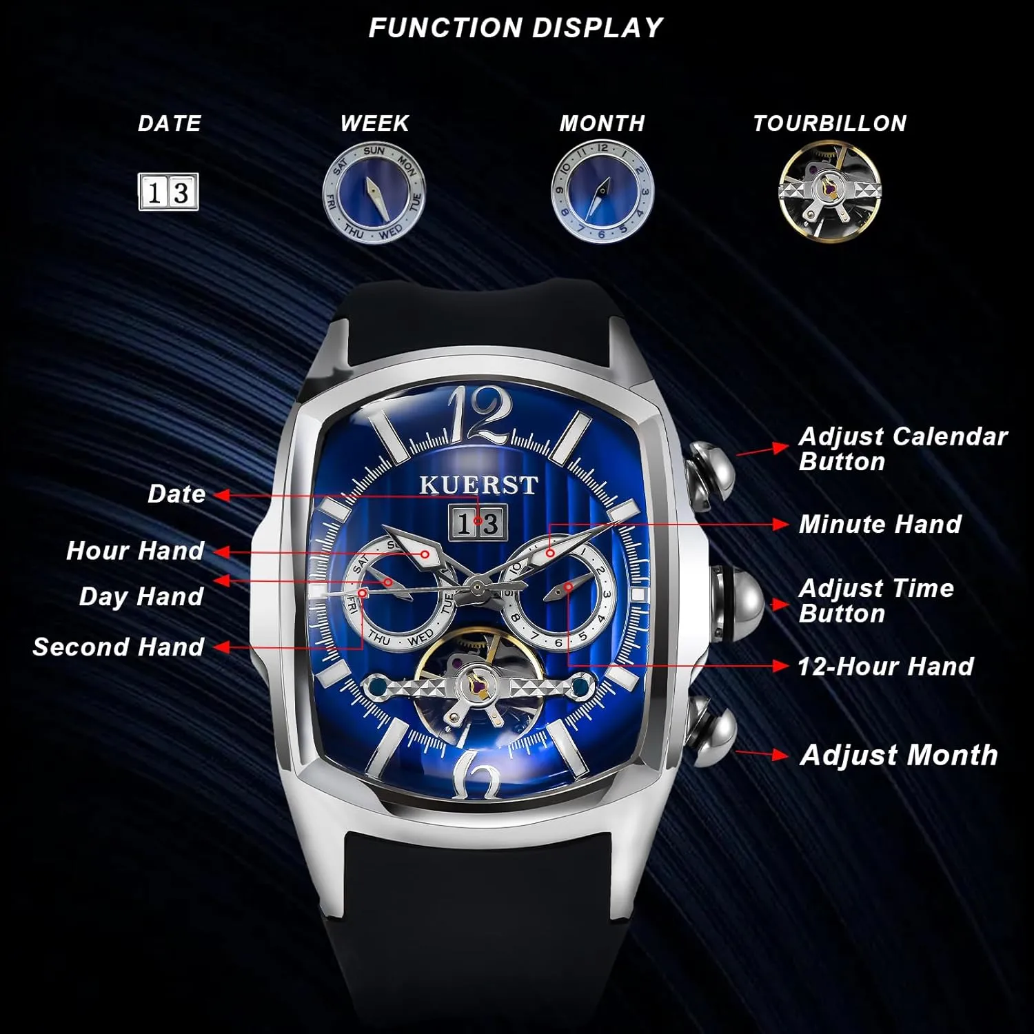 and ascend Week Display, Stainless Steel Stylish Design Elegant Business Wristwatches Men Automatic Watch Square Tourbillon Mechanical. Month, Date 