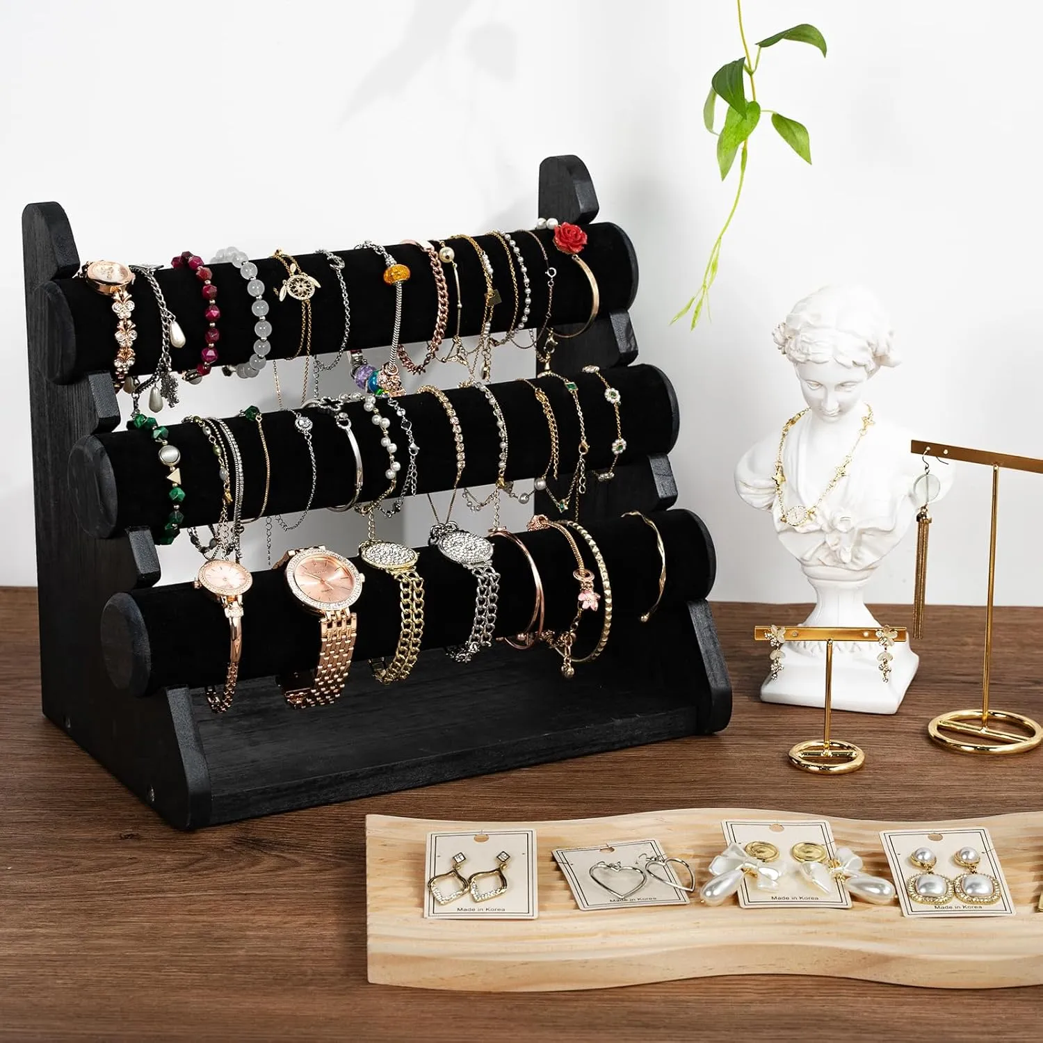 and Home Storage Triple Bracelet Holder Wooden Jewelry Display Stand Watch Bangle Bar Necklace Storage Organizer Bangle Scrunchie Organizer grain Holder for Store, Showcase 