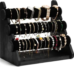 and Home Storage Triple Bracelet Holder Wooden Jewelry Display Stand Watch Bangle Bar Necklace Storage Organizer Bangle Scrunchie Organizer grain Holder for Store, Showcase 