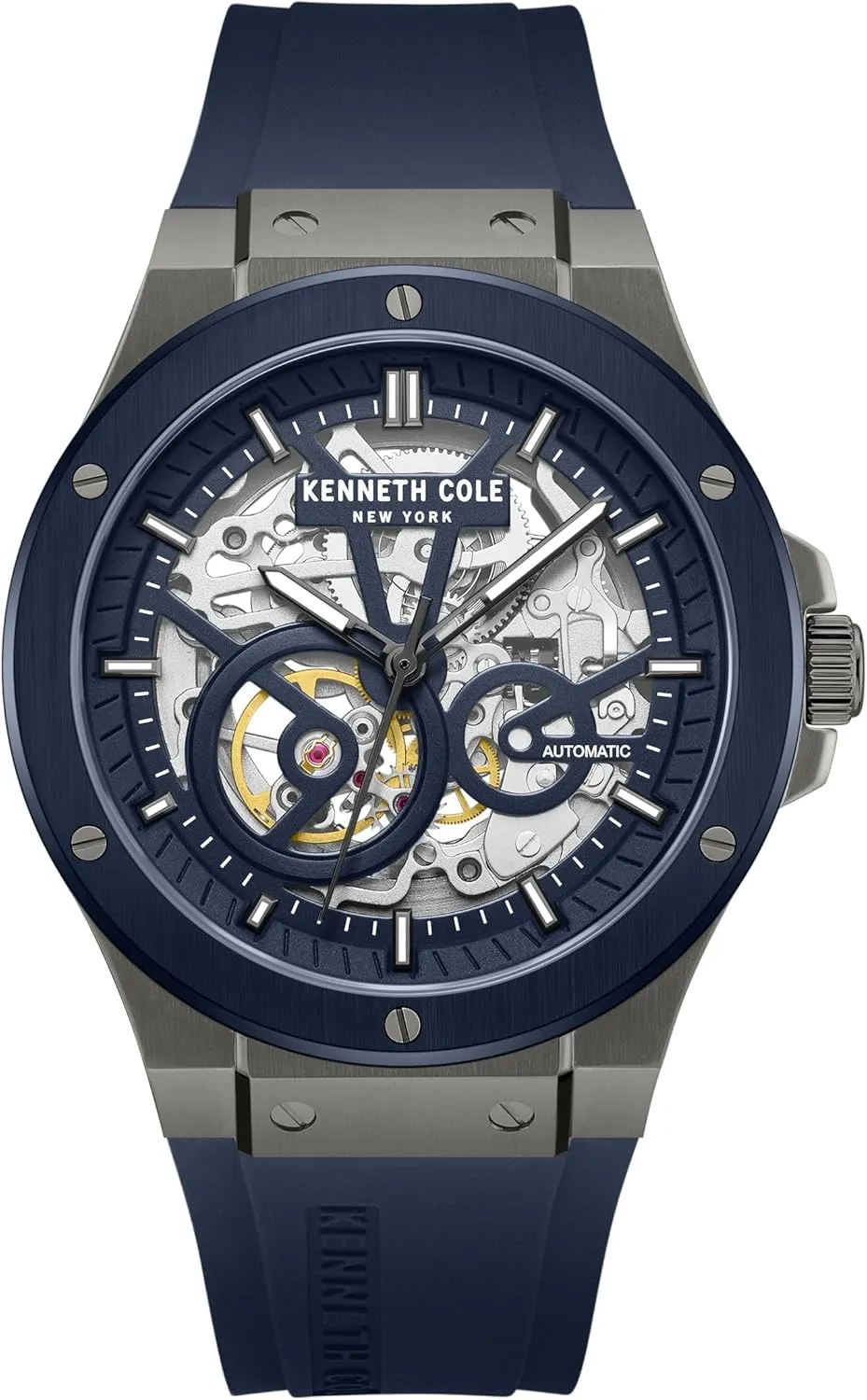 and Silver Case, Dark Blue Silicone Strap, 43mm Case Design Kenneth Cole New sociable wren deference York Men's Automatic Watch - Skeleton Dial, Two-Tone Blue 