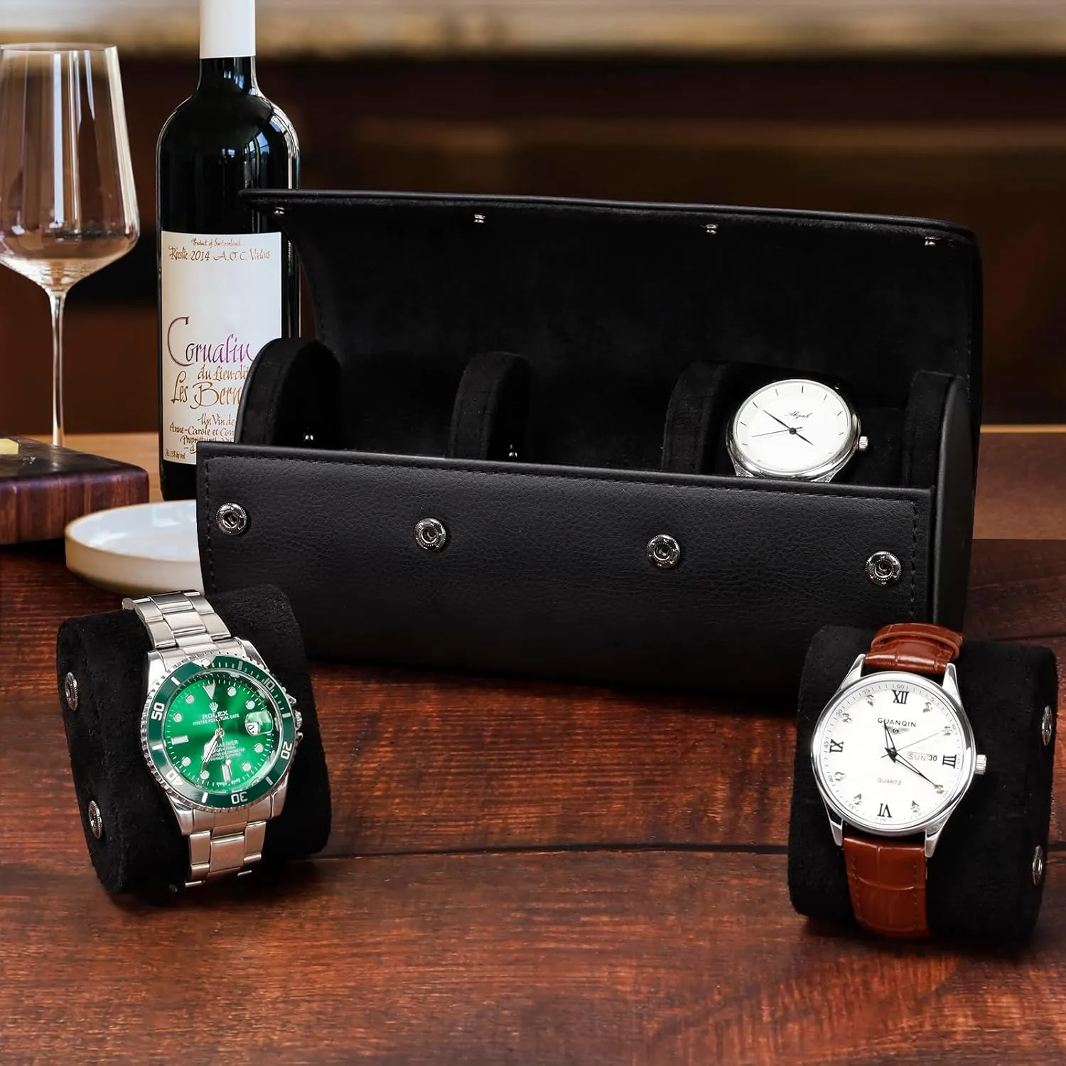 Anniversary, Birthday inspector spite (3 Rolls Black) Dorisun Watch Travel Case - Roll Case for Men with Removable Pillow Holder, Organiser Box for Christmas, 