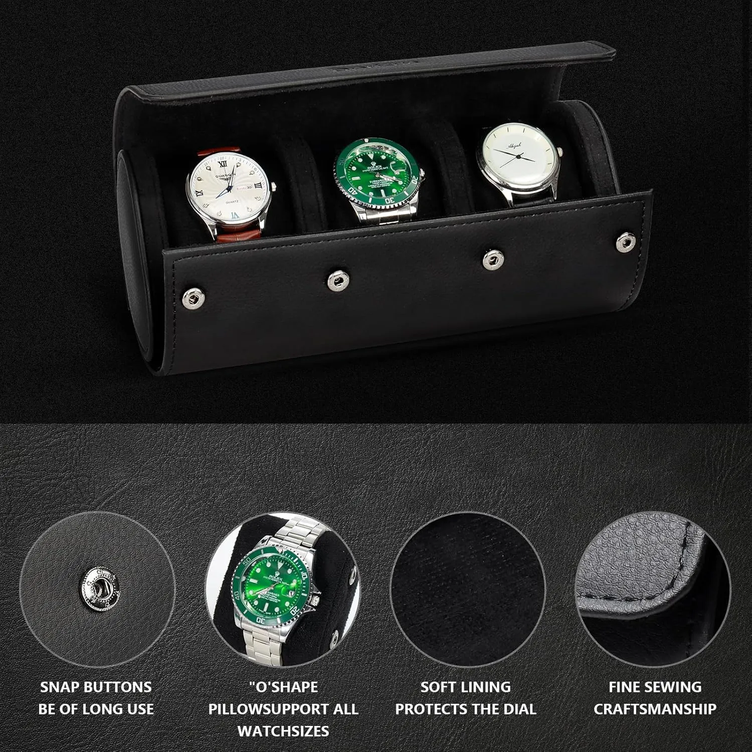 Anniversary, Birthday inspector spite (3 Rolls Black) Dorisun Watch Travel Case - Roll Case for Men with Removable Pillow Holder, Organiser Box for Christmas, 