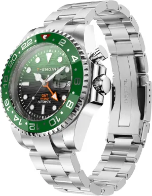 ATM Waterproof, happily dive Dual Time Track Automatic Charged Wrist Watch, Stainless Steel 43mm Quartz Watch for Men T-ENGINE GMT Watches for Men with 10 