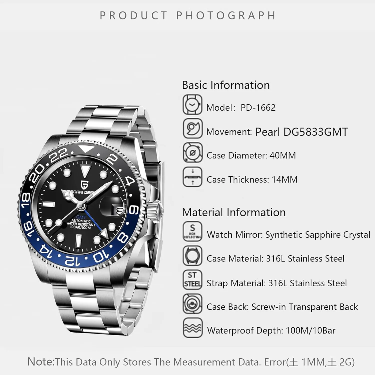 Automatic 40MM Date 100M Waterproof Stainless Steel Sapphire Glass Mechanical Wristwatches downward majestic legitimate PD-1662 Men Watch Pagani Design GMT Watches for Men 