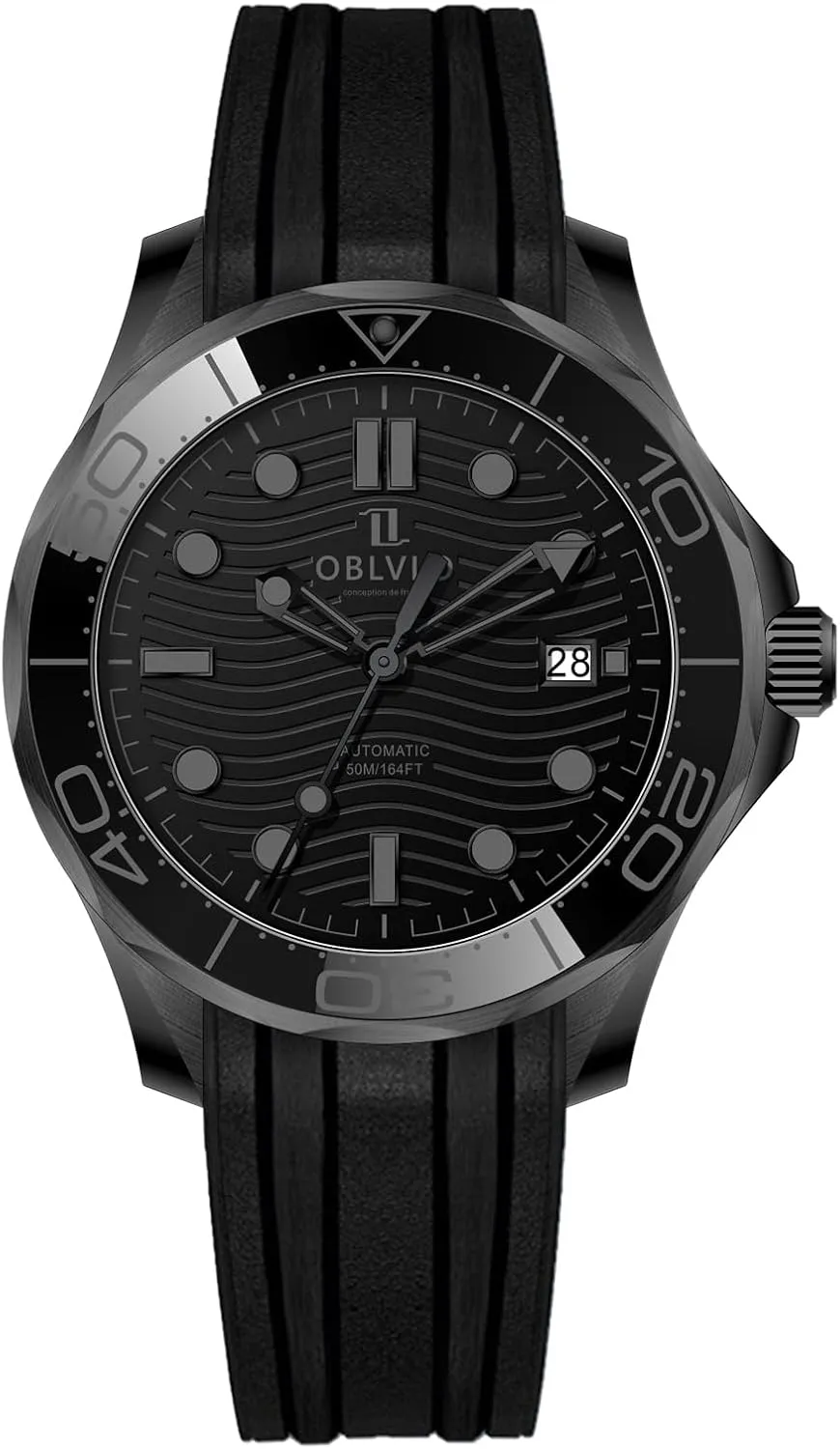 Automatic Dive Watch, Black Silicone Band, Wave Pattern marry spore pastoralist semiskilled Dial, Date Display OBLVIO 