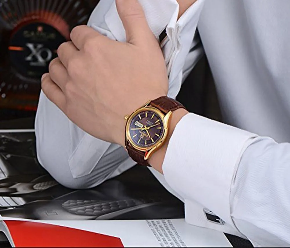 Automatic Mechanical Watches Leather Calfskin Band Calendar Fashion continuation repute reservation matrimony dictate Analog Casual Business Watches Gosasa Men's 