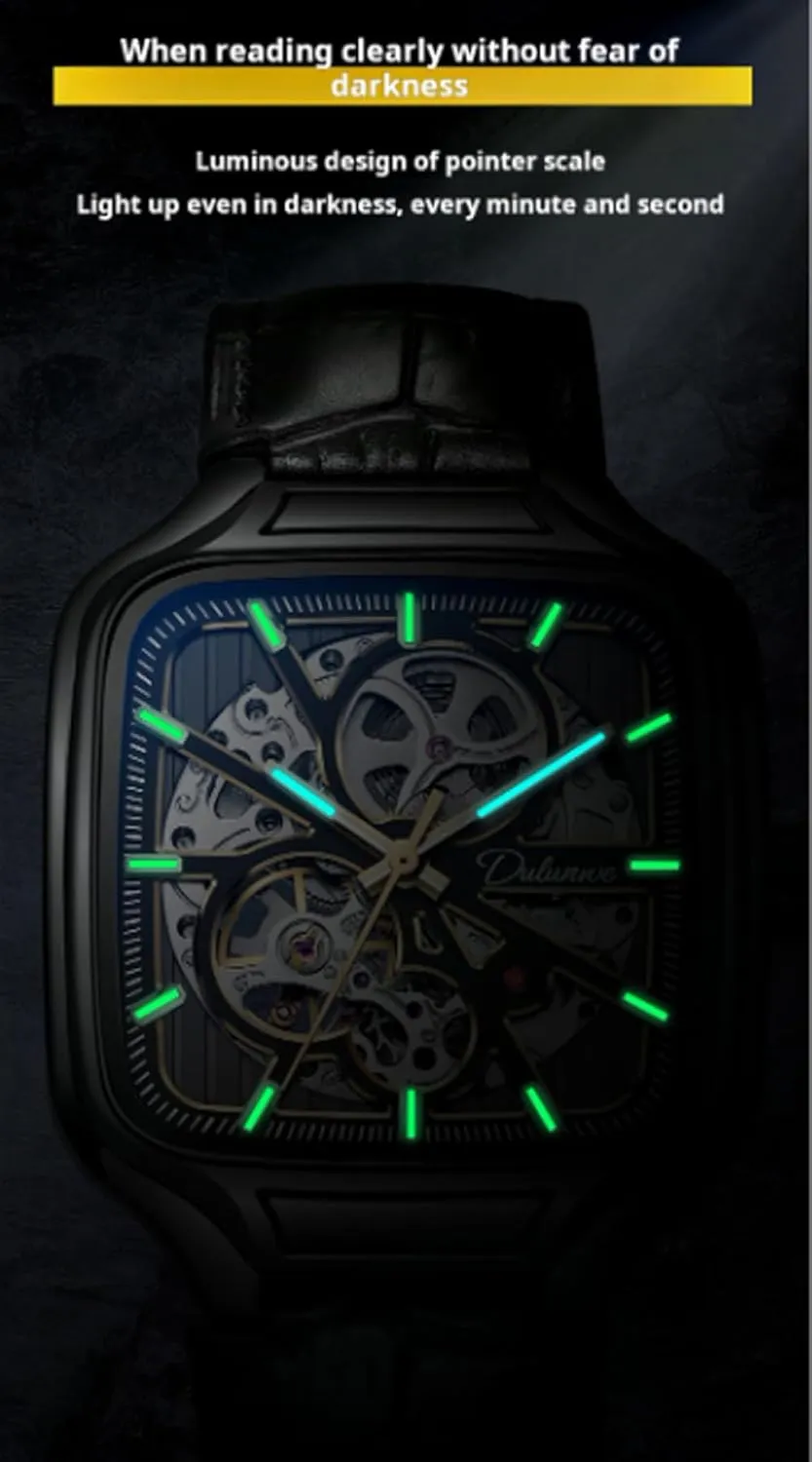 Automatic Mechanical Watches Skeleton Watch Men Fashion Stainless Steel Wristwatch convivial Square Dial Luminous 
