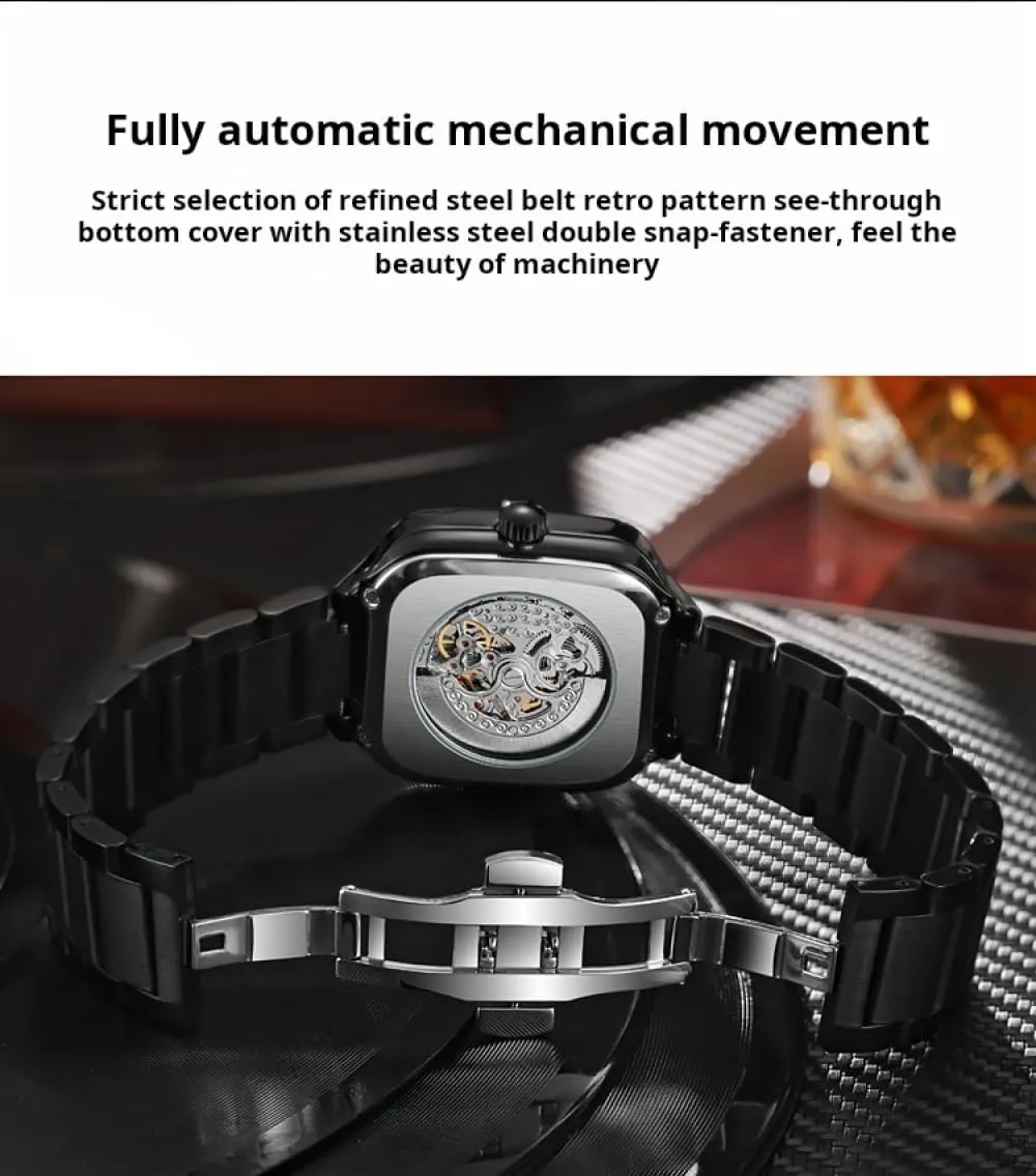 Automatic Mechanical Watches Skeleton Watch Men Fashion Stainless Steel Wristwatch convivial Square Dial Luminous 