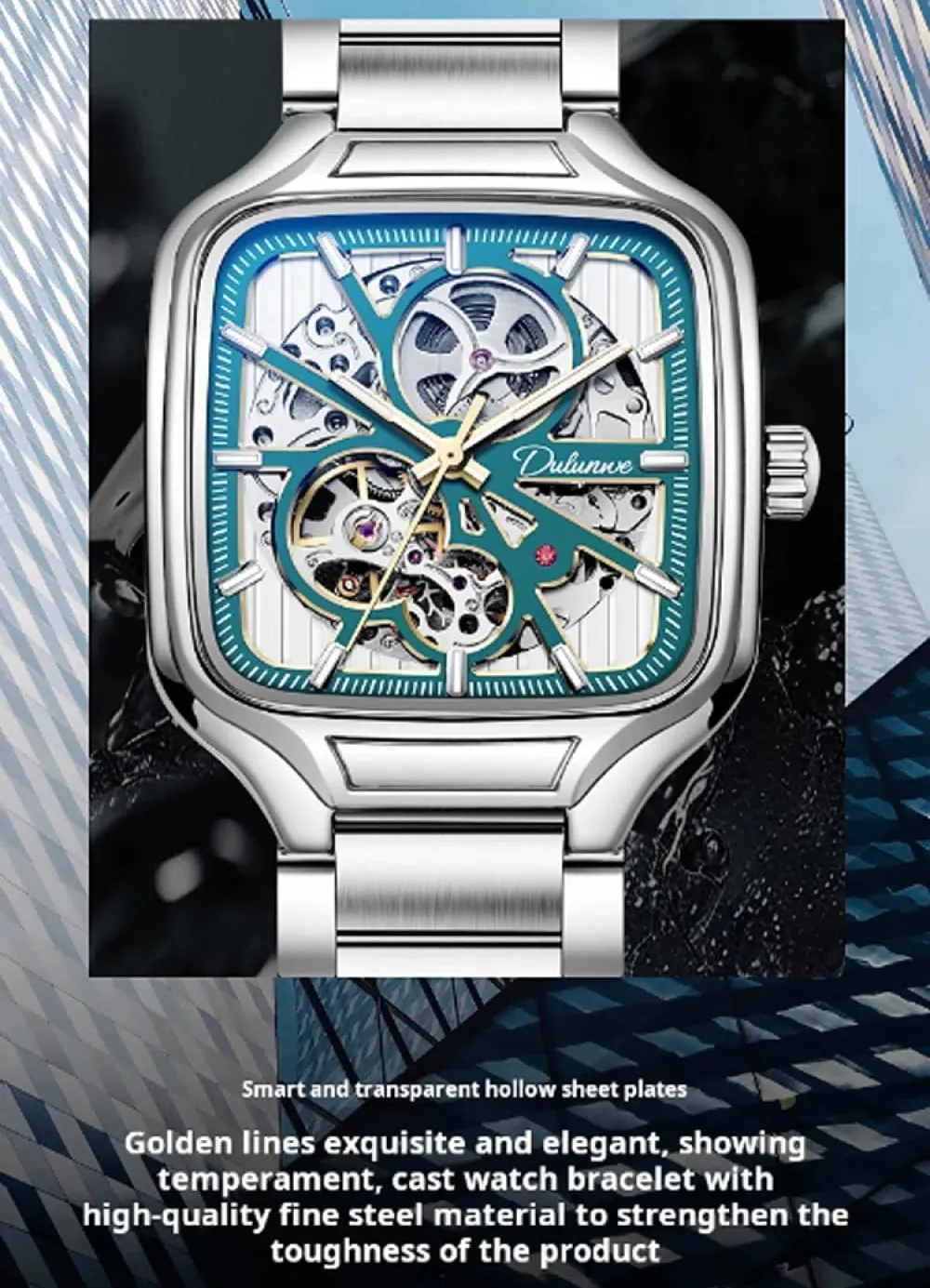 Automatic Mechanical Watches Skeleton Watch Men Fashion Stainless Steel Wristwatch convivial Square Dial Luminous 