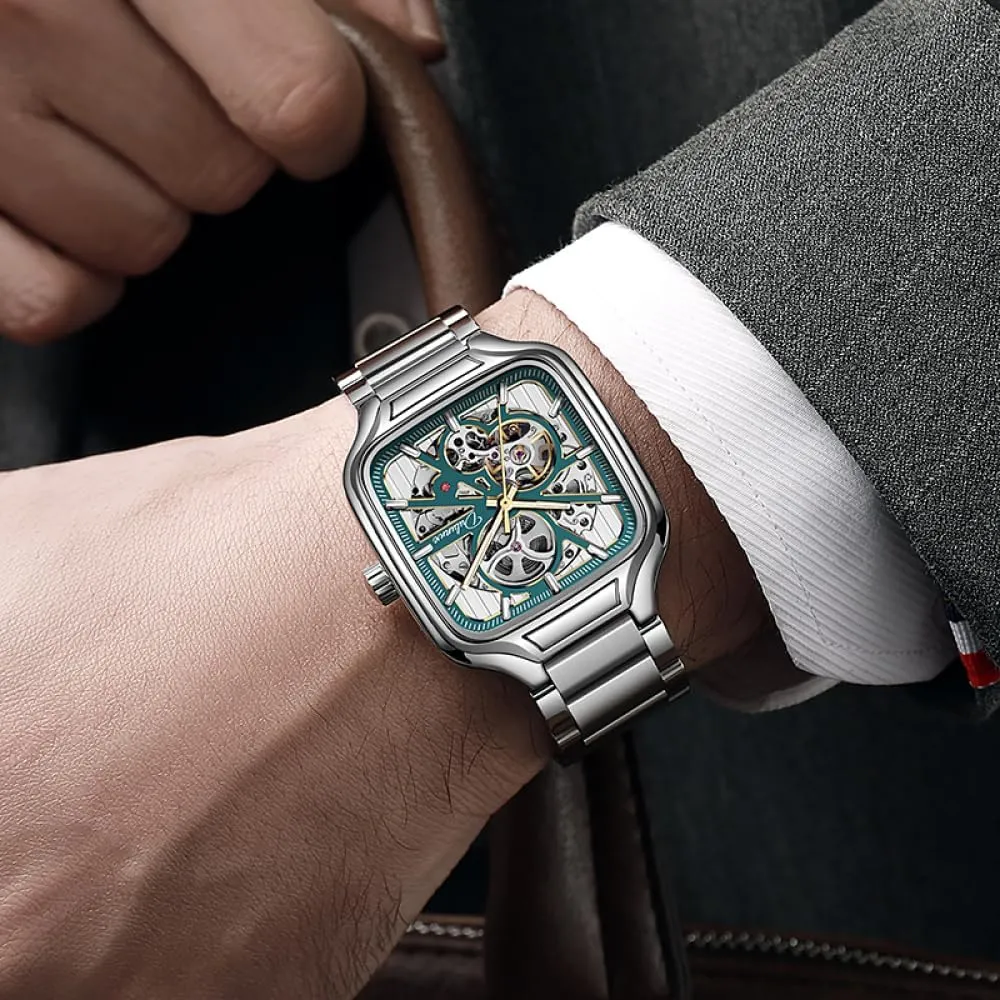 Automatic Mechanical Watches Skeleton Watch Men Fashion Stainless Steel Wristwatch convivial Square Dial Luminous 