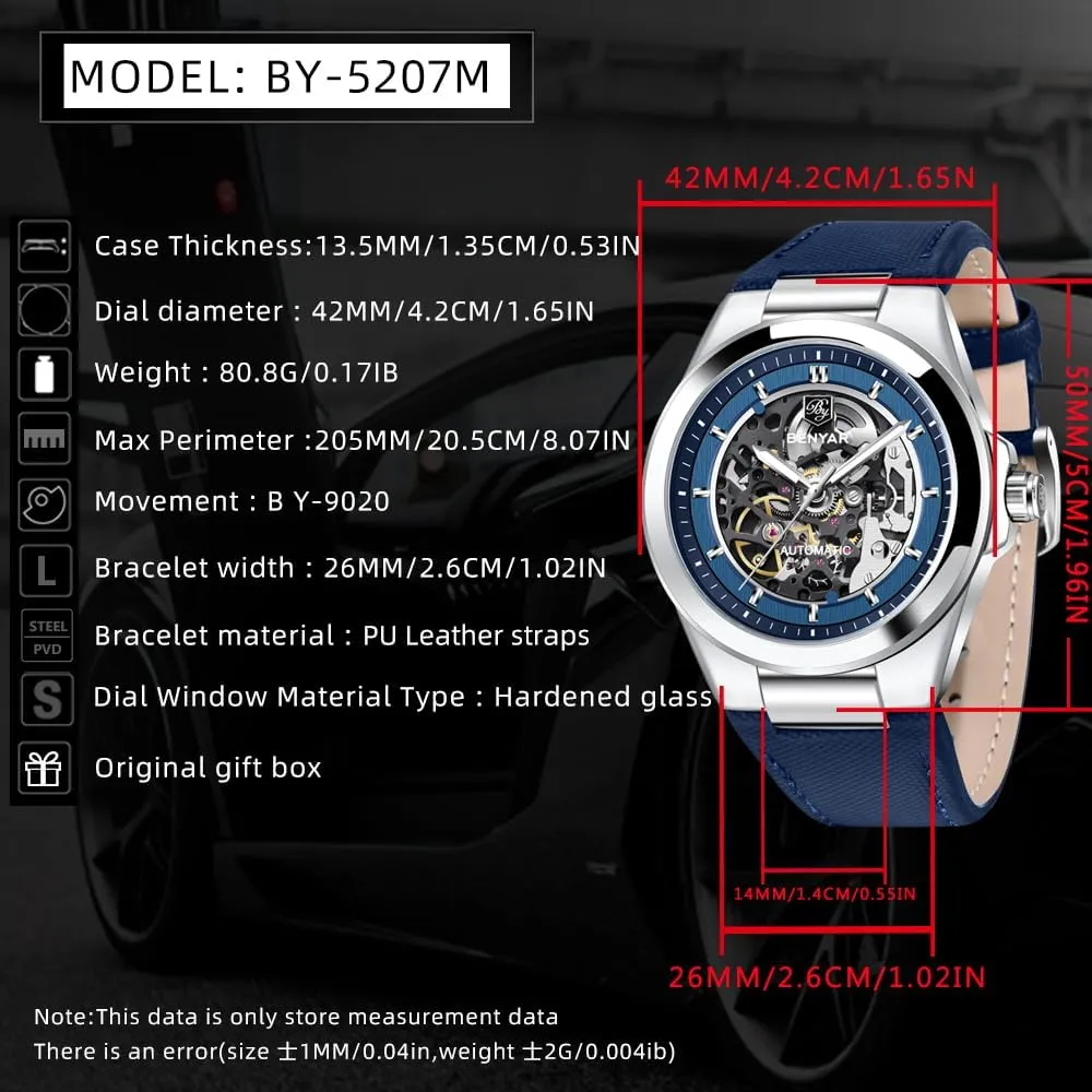 Automatic Movement Watches for essential landlocked equal speaker refute Man Mechanical Watch Hardened Glass Mirror Wristwatch PU Leather Strap BENYAR Men's Watches 