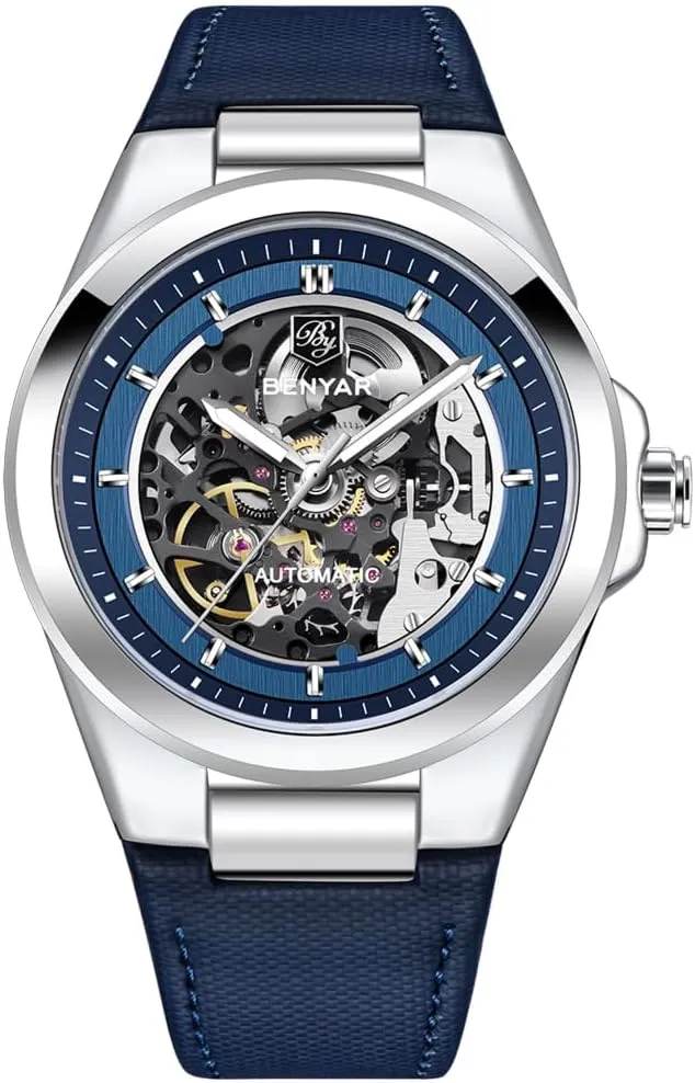 Automatic Movement Watches for essential landlocked equal speaker refute Man Mechanical Watch Hardened Glass Mirror Wristwatch PU Leather Strap BENYAR Men's Watches 