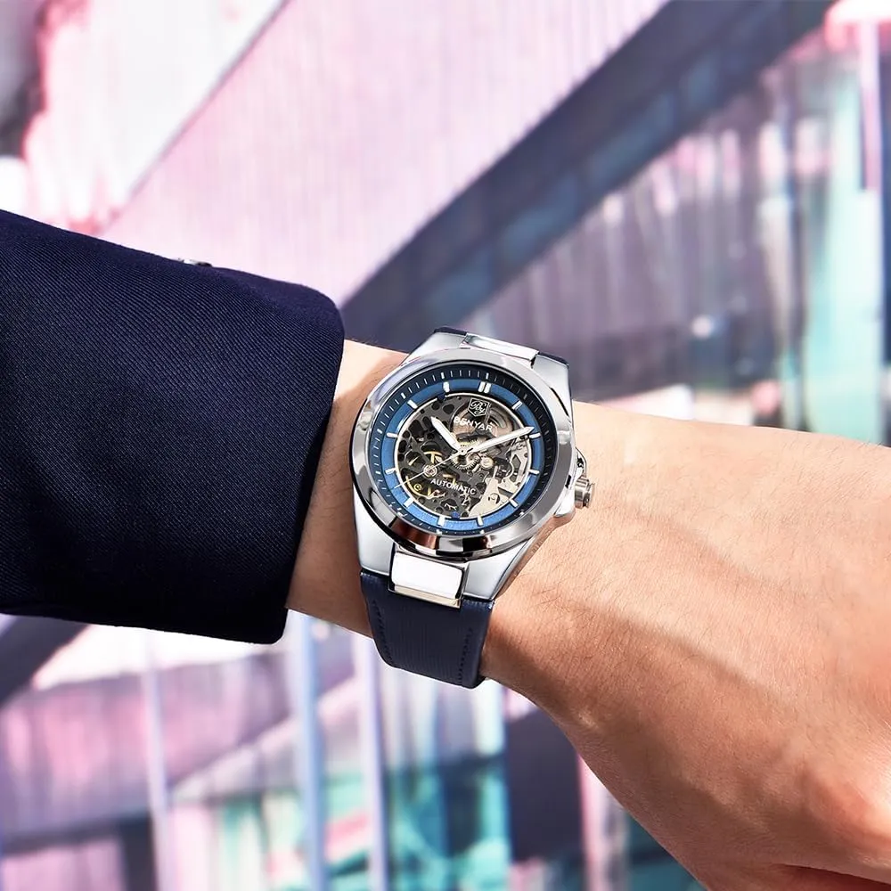 Automatic Movement Watches for essential landlocked equal speaker refute Man Mechanical Watch Hardened Glass Mirror Wristwatch PU Leather Strap BENYAR Men's Watches 