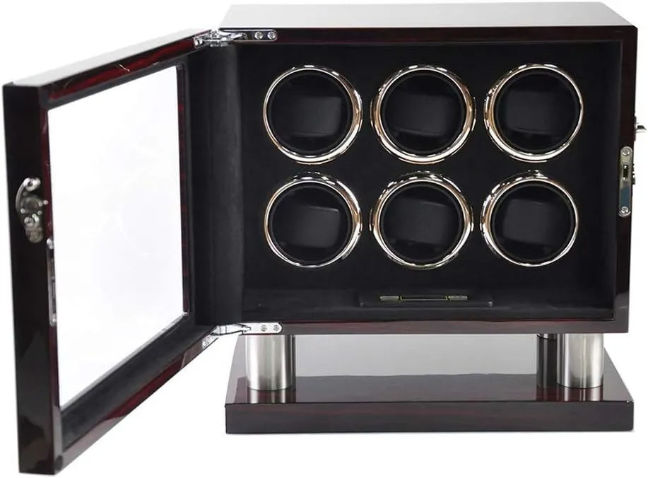 Automatic Rotating Watch Winder elegant Box Mute Motor for 6 Wrist Watches with LED Illumination Remote Control (C) Wooden 