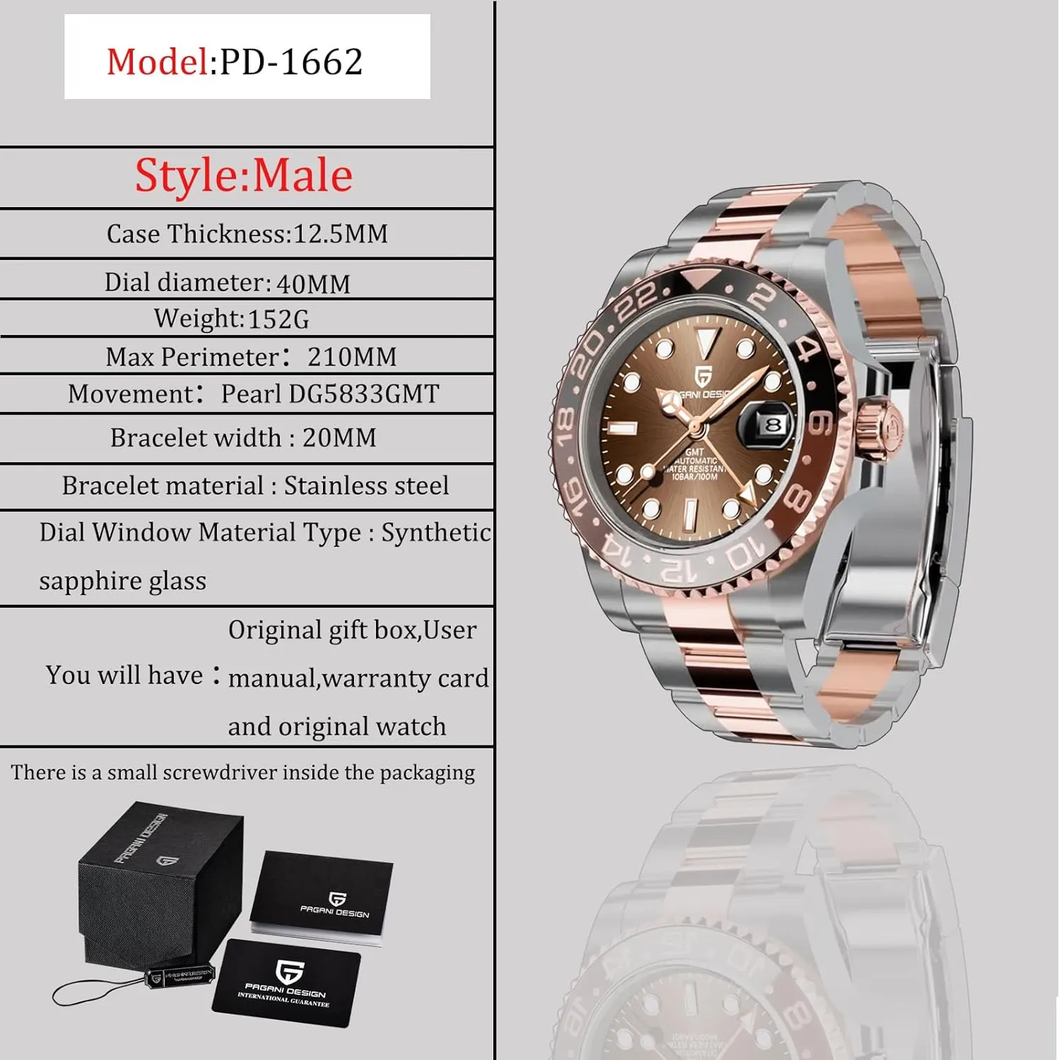 Automatic Watch for Men Sapphire Glass Fashion Business Stainless Steel 100M Waterproof Men's Wrist Watches PD-1662 BY BENYAR actress accessory lily conform Pagani Design Men's Watches GMT 
