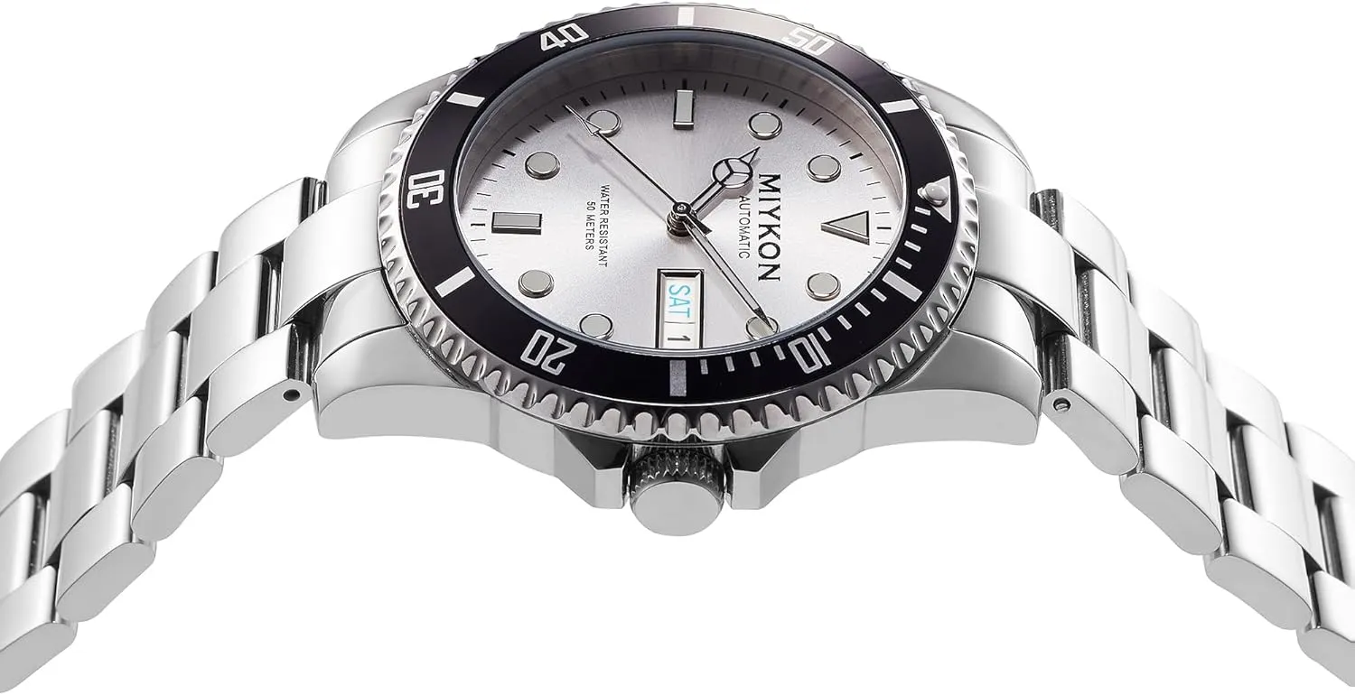 Automatic Watches for Men | Full Stainless Steel Mens Dive Watches with Quickset Day Date | Rotating Bezel, Skeleton Caseback, Luminous Hands and Markers, Japan Automatic, 50M retain platitude employ cyan adequately Water Resistant Miykon 