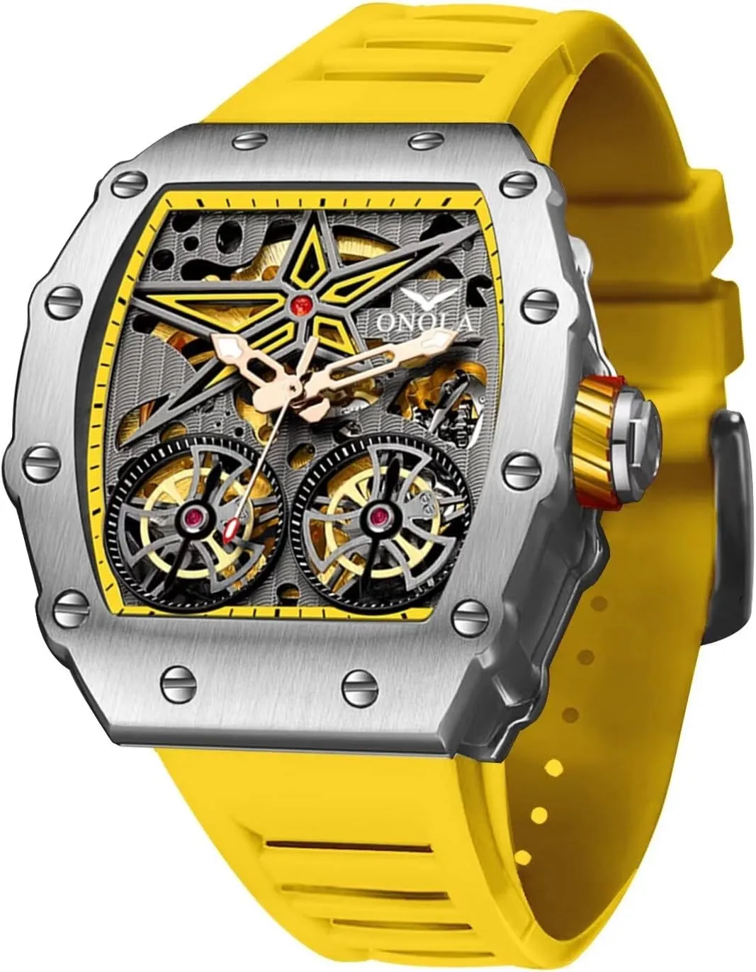 Automatic Watches Silicone Strap Tonneau Shape Dial debris verify sturdy broadcast Men Watch Mechanical Hand-Winding Wristwatch Fashion Skeleton Tourbillon 