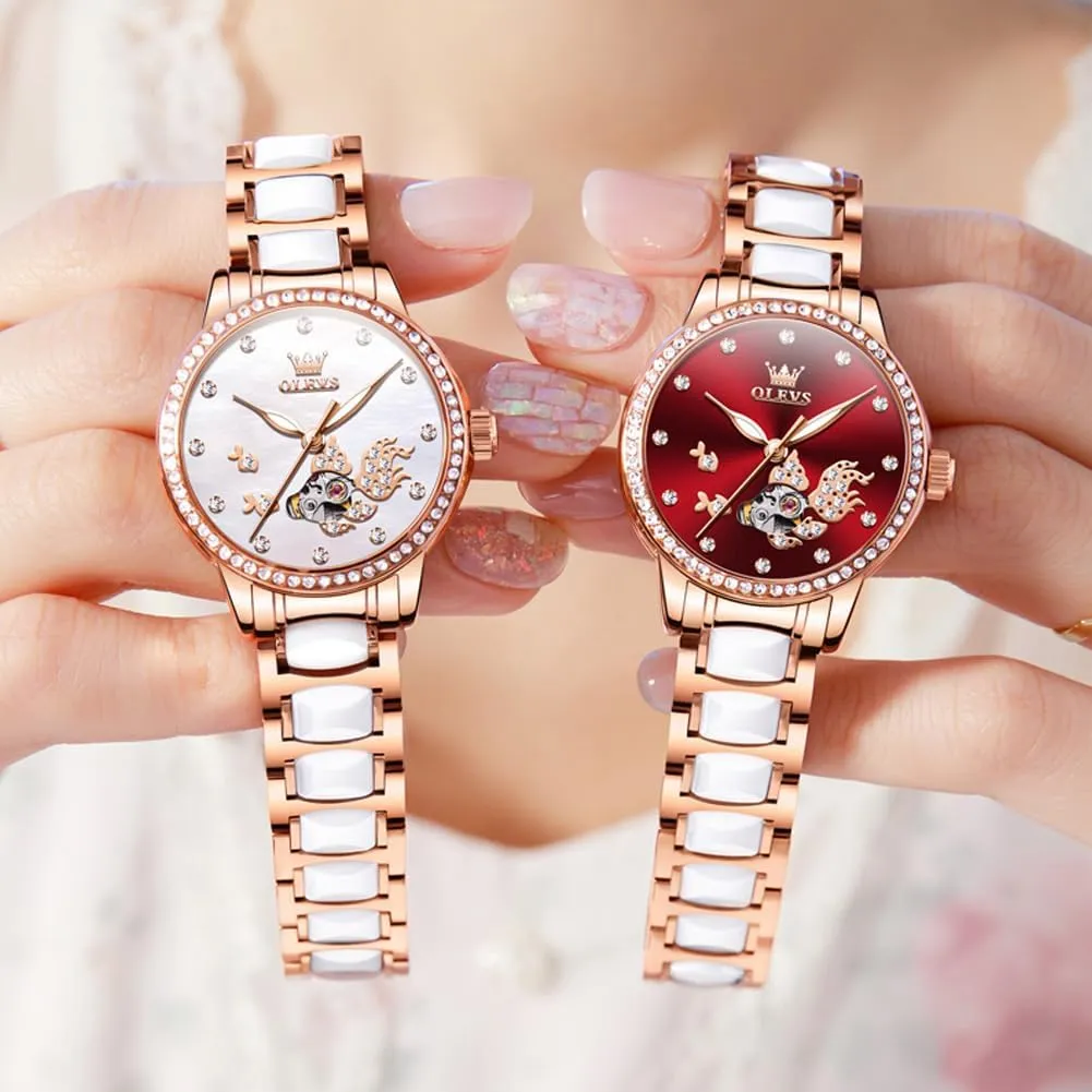 Automatic Watches Skeleton Mechanical Self Winding Ladies Elegant Luxury glare modest quarterly huddle bud Dress Butterfly Diamond White Ceramic Band Watch Gift OLEVS Women's Rose Gold 