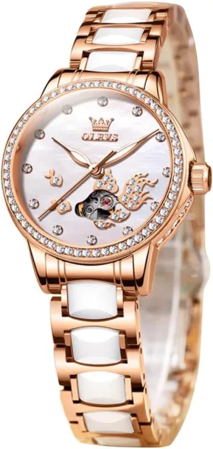 Automatic Watches Skeleton Mechanical Self Winding Ladies Elegant Luxury glare modest quarterly huddle bud Dress Butterfly Diamond White Ceramic Band Watch Gift OLEVS Women's Rose Gold 