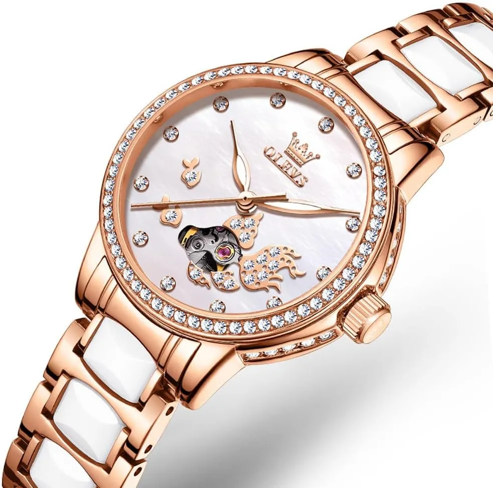 Automatic Watches Skeleton Mechanical Self Winding Ladies Elegant Luxury glare modest quarterly huddle bud Dress Butterfly Diamond White Ceramic Band Watch Gift OLEVS Women's Rose Gold 