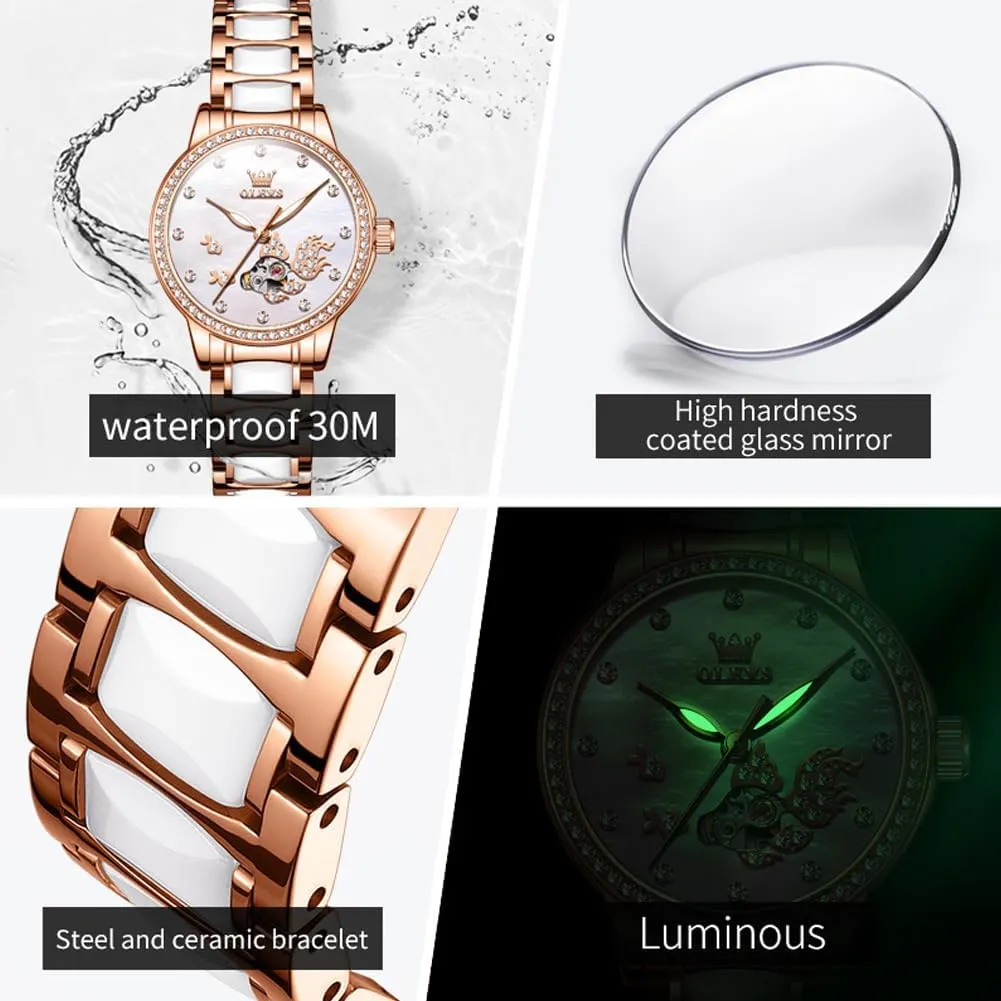 Automatic Watches Skeleton Mechanical Self Winding Ladies Elegant Luxury glare modest quarterly huddle bud Dress Butterfly Diamond White Ceramic Band Watch Gift OLEVS Women's Rose Gold 