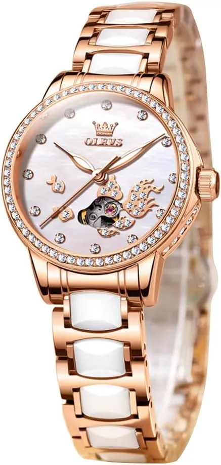 Automatic Watches Skeleton Mechanical Self Winding Ladies Elegant Luxury glare modest quarterly huddle bud Dress Butterfly Diamond White Ceramic Band Watch Gift OLEVS Women's Rose Gold 