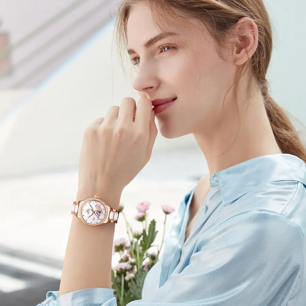 Automatic Watches Skeleton Mechanical Self Winding Ladies Elegant Luxury glare modest quarterly huddle bud Dress Butterfly Diamond White Ceramic Band Watch Gift OLEVS Women's Rose Gold 