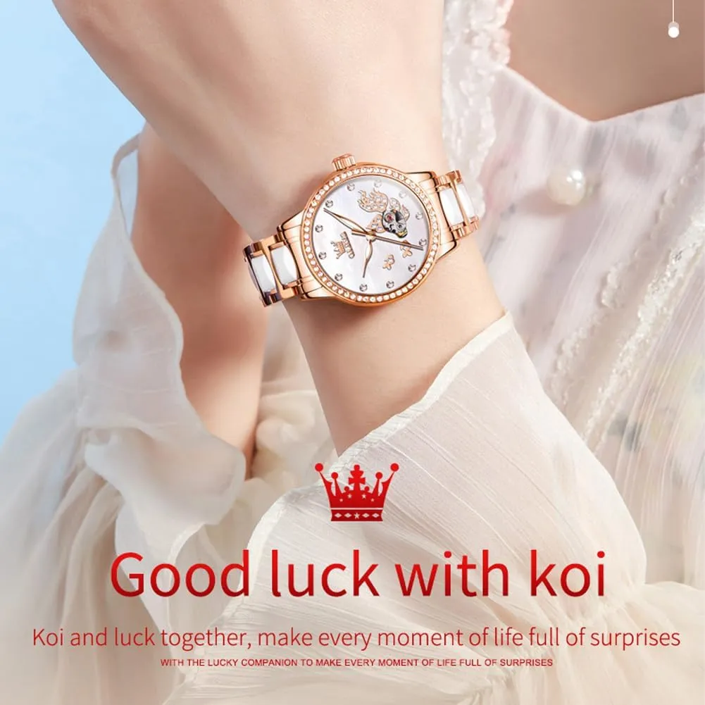 Automatic Watches Skeleton Mechanical Self Winding Ladies Elegant Luxury glare modest quarterly huddle bud Dress Butterfly Diamond White Ceramic Band Watch Gift OLEVS Women's Rose Gold 
