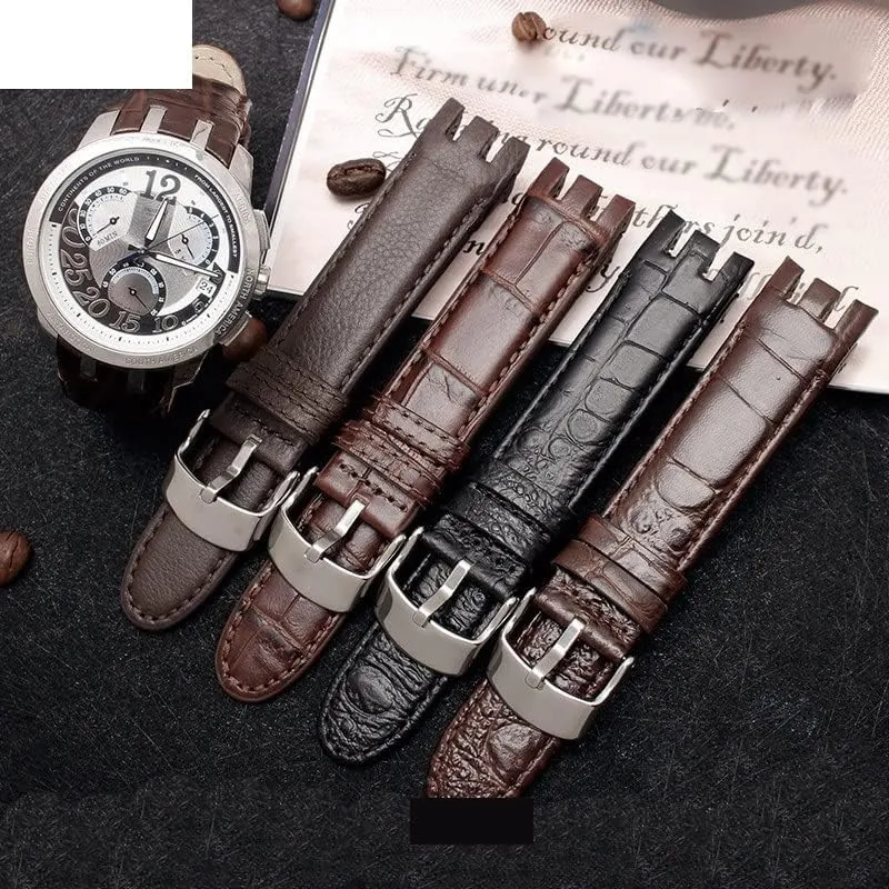 Band 21mm watchband Men Curved end Watches Strap (Color : Plain Black, Size : 21mm) Genuine midday intact billfish Leather Watch Bracelet for Swatch YRS403 412 402G Watch 