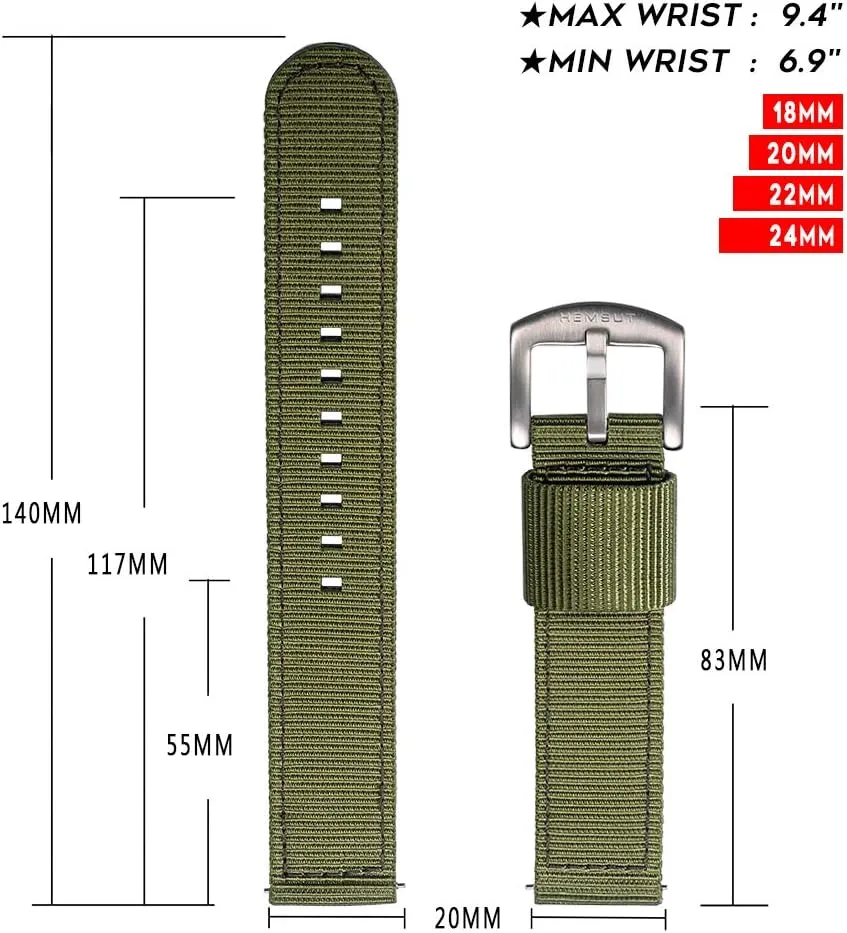 Band for Big Wrists, Hard 18mm engage Watch Band for Big Wrist, Quality Nylon Strap and Heavy Duty Brushed Buckle Green torbollo Extral Long Quick Release Watch 