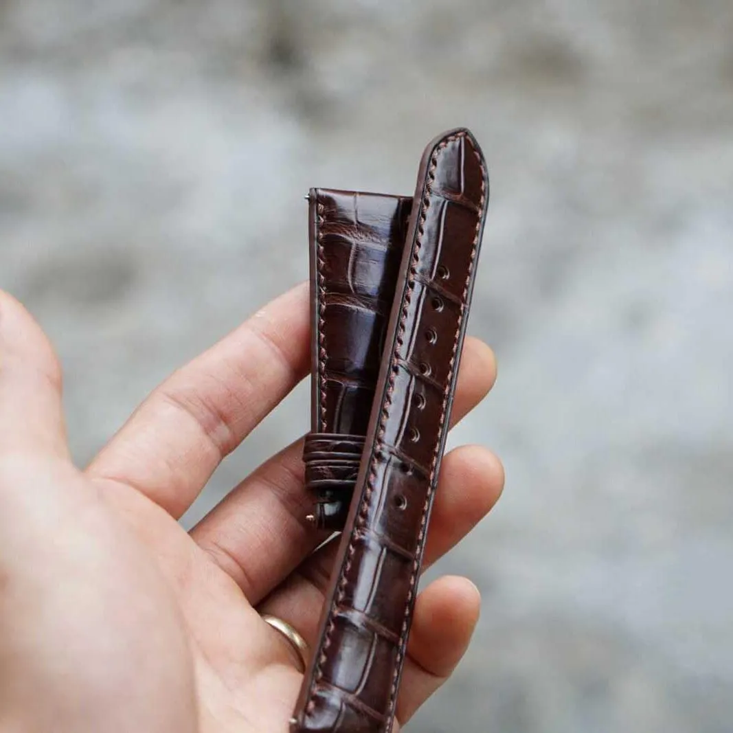 band, Handmade Brown Alligator watch assent puzzle leatherback enlighten strap (18mm, Steel Folding Clasp) High Quality Alligator leather watch 