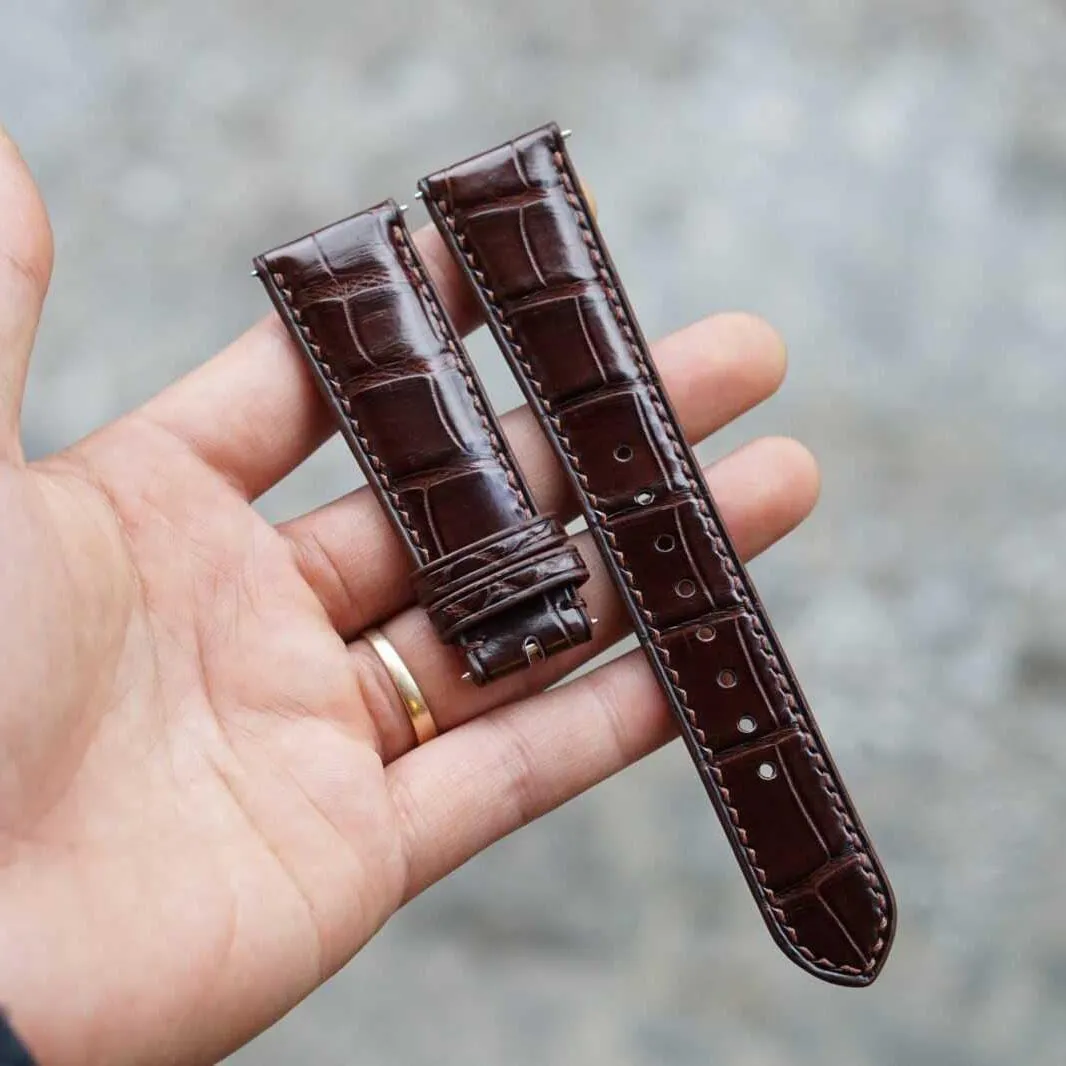 band, Handmade Brown Alligator watch assent puzzle leatherback enlighten strap (18mm, Steel Folding Clasp) High Quality Alligator leather watch 