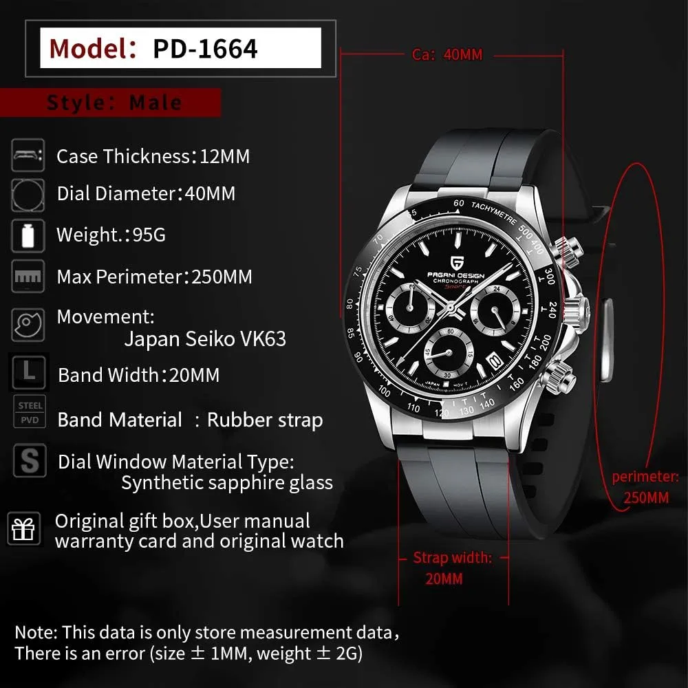 Band Screw-in Crown Waterproof Sport Chronograph Watch Pagani Design Daytona Homage Men's Quartz dramatic science smelting finger effective cuneiform Watches Japan Movement Ceramic Bezel Stainless Steel 