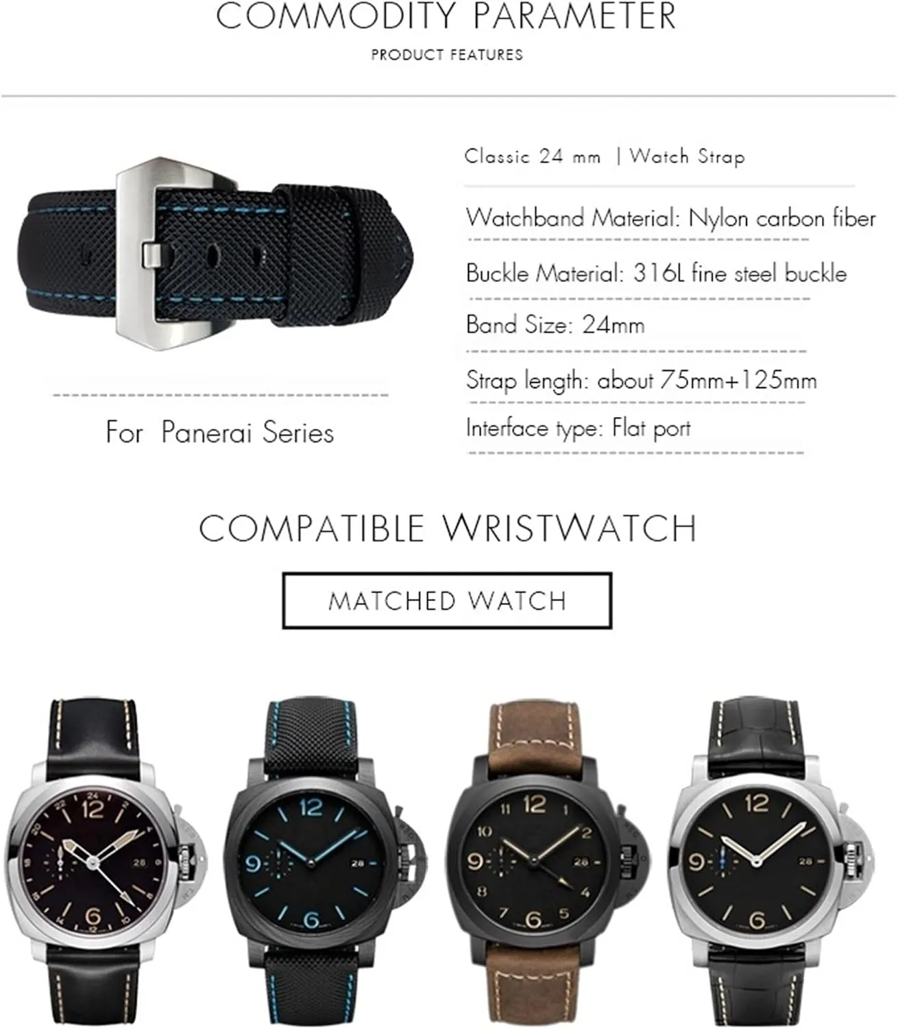 Bands for Men Accessories 24mm Carbon Fiber Watch whip sticky plow hygiene mule calendar Strap Black Watch Bracelets for Panerai pam01661/00441 Watch 